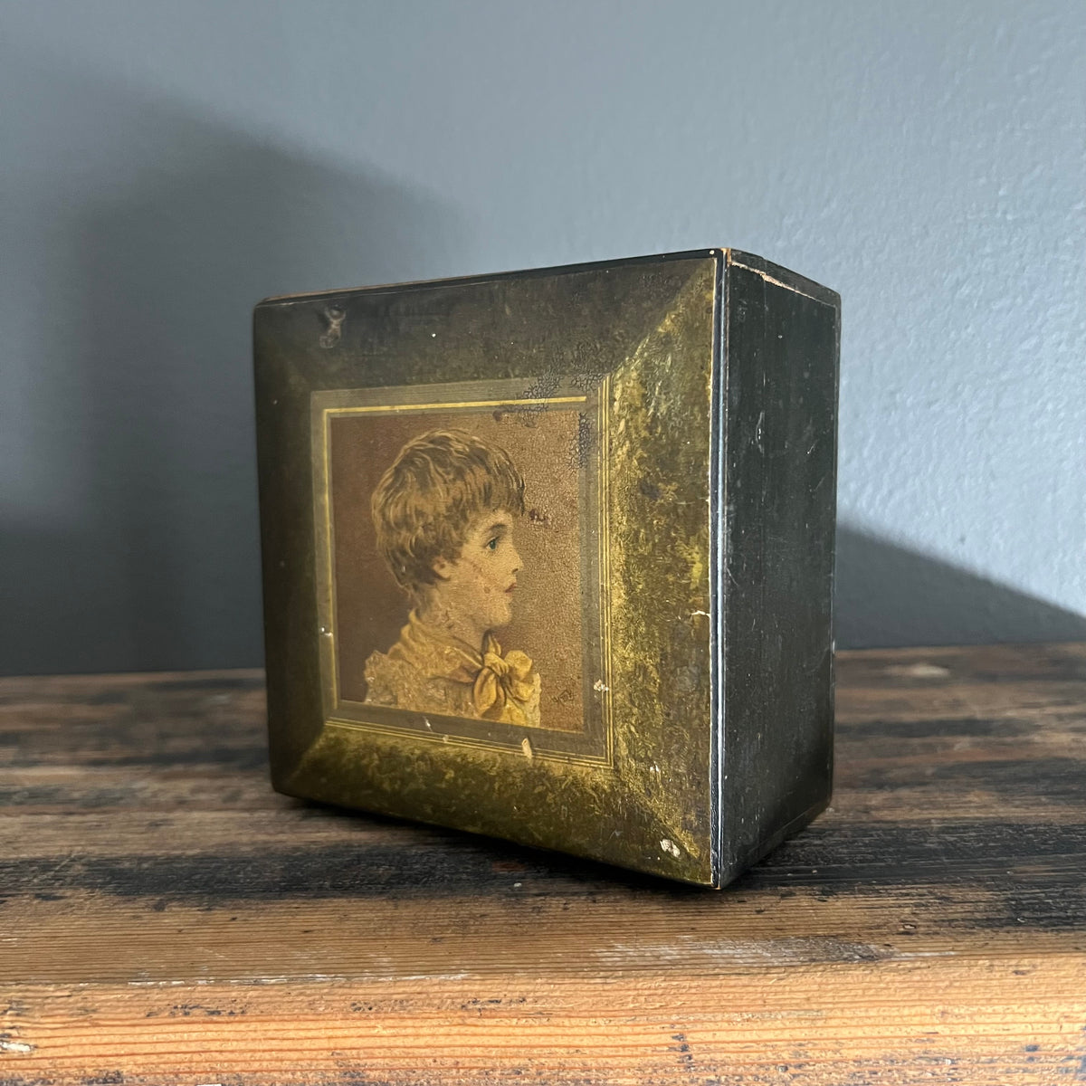 Antique Handmade Timber Box with Picture of Boy