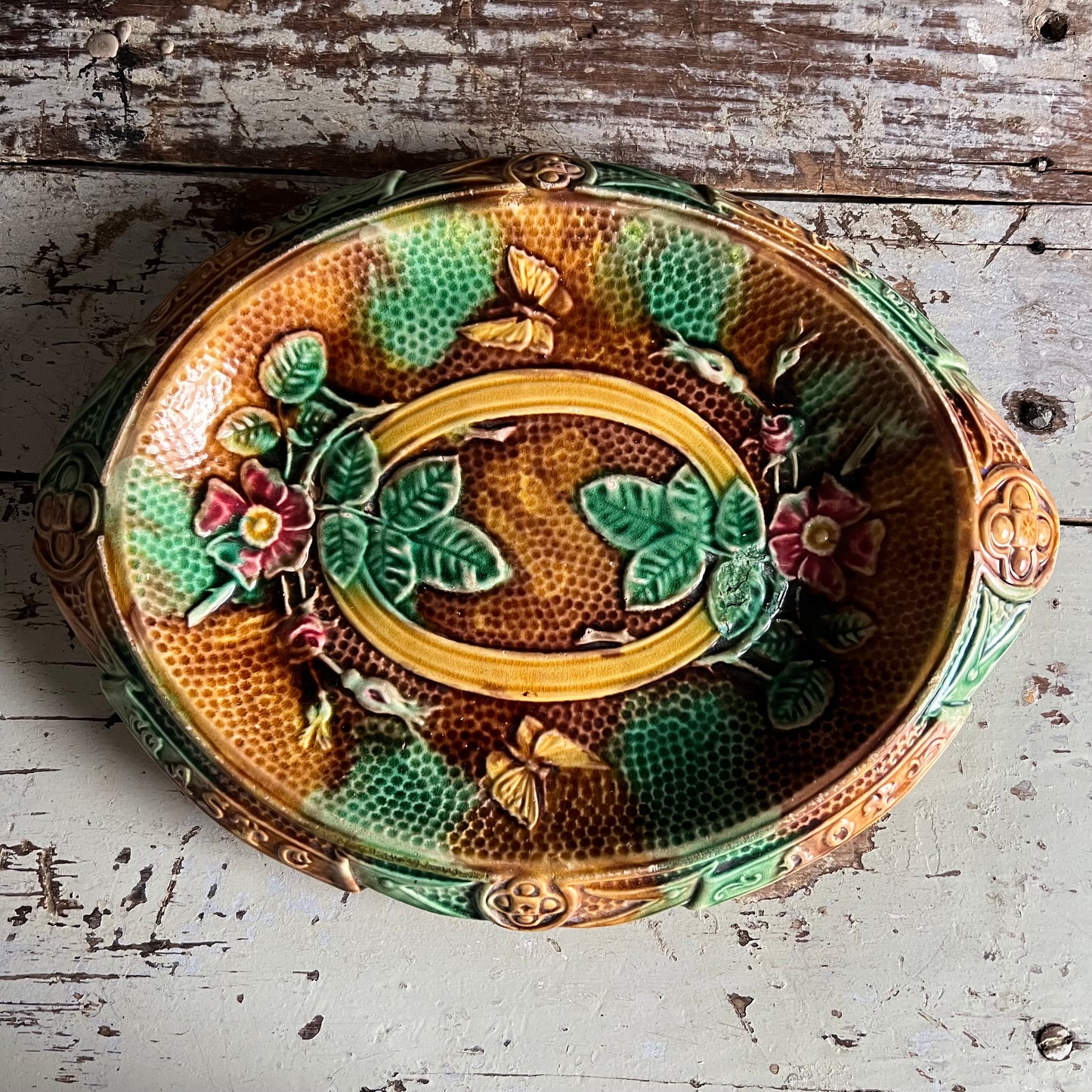 Rare Antique Majolica Bread Plate Dish Waste Not Want Not