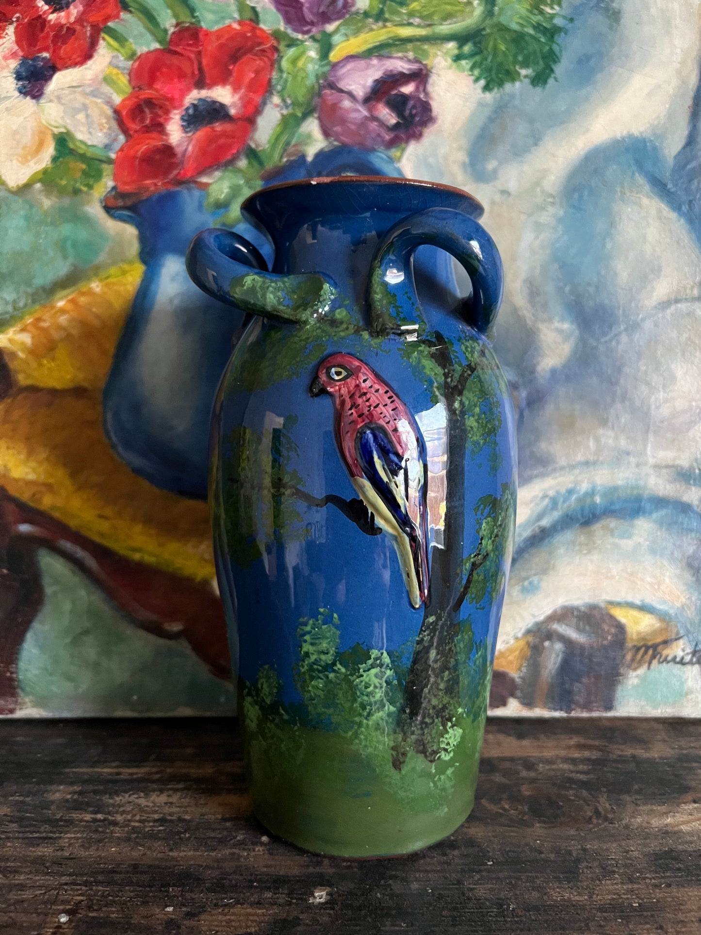 Vintage Hand Painted Bird Parrot Vase Royal Torquay Pottery England 1930s