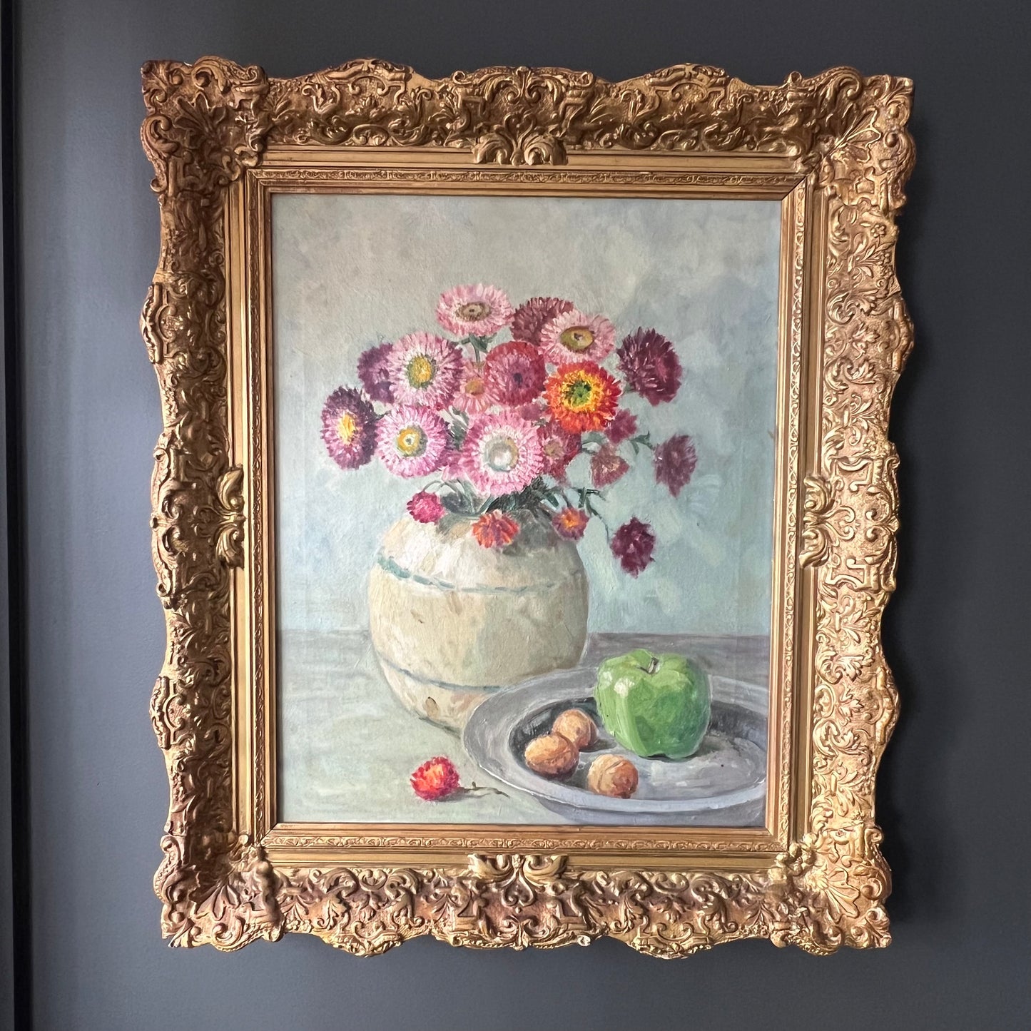 Vintage Oil Painting Dutch Still Life Stunning Strawflowers