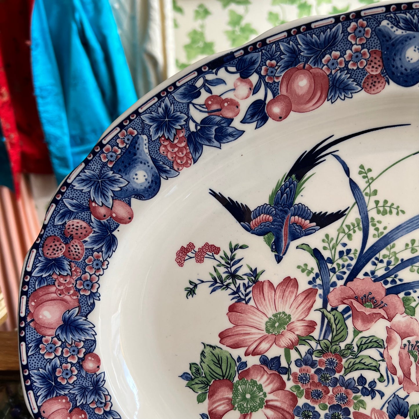 Gorgeous Vintage Large Platter Birds, Blooms & Fruits