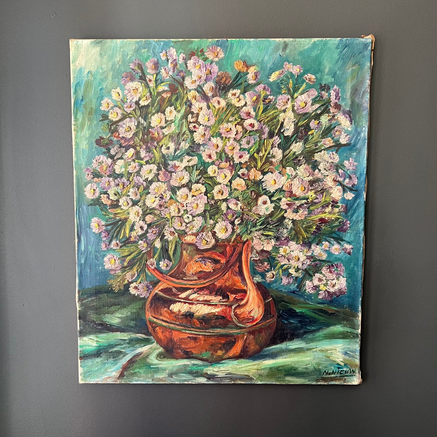 Vintage Oil Painting Daisies in Copper Kettle
