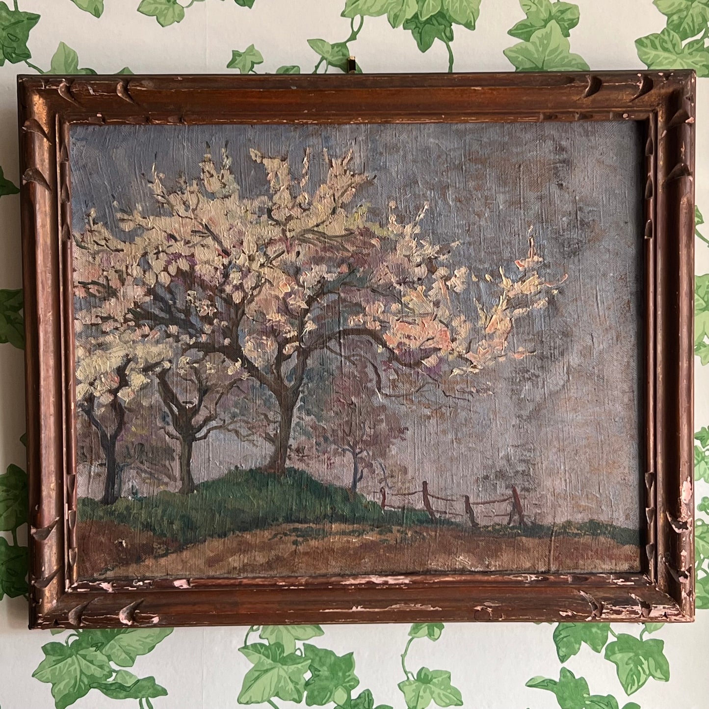 Antique Oil Painting French Landscape A Field of Blossom Trees