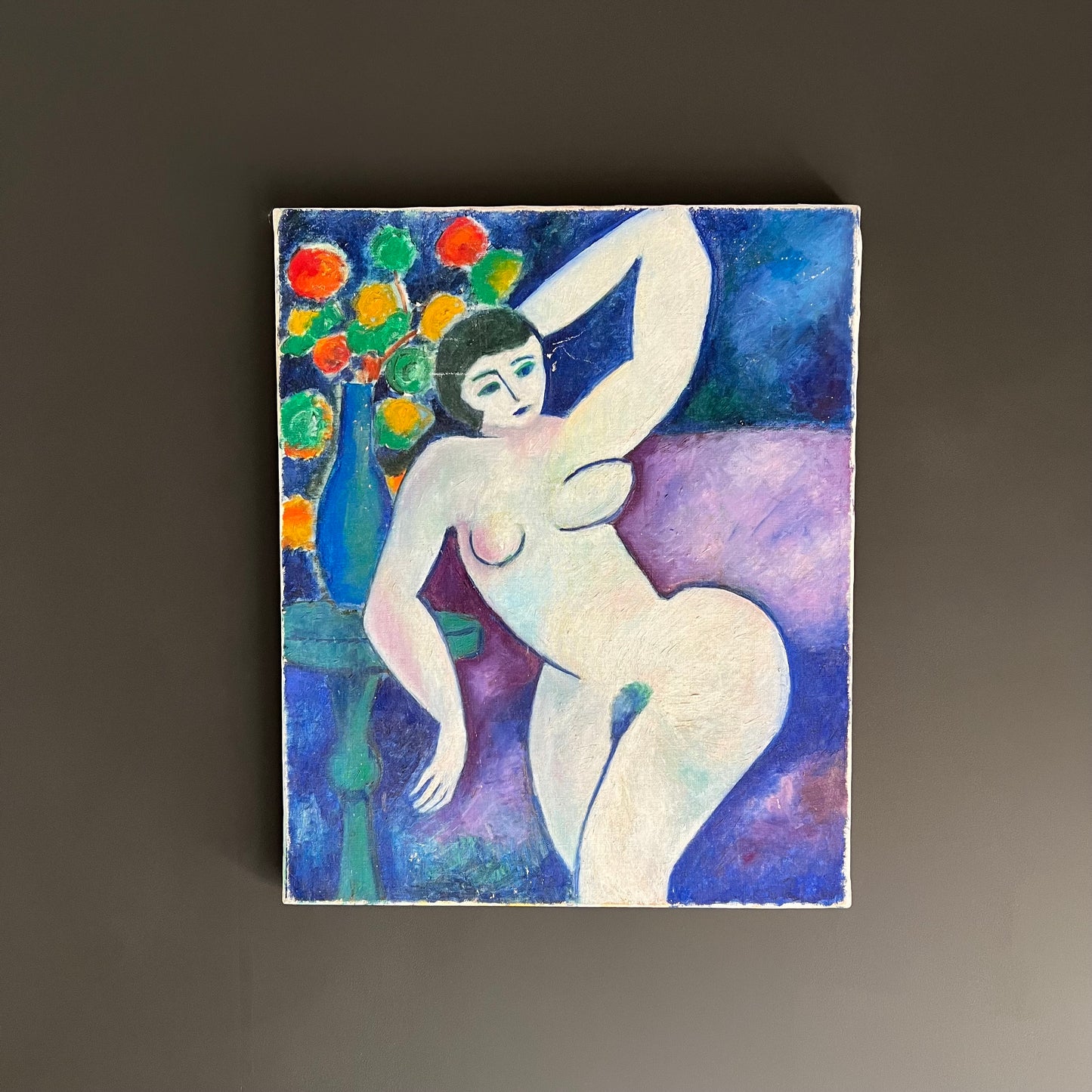 Vintage Oil Painting Mid Century Colourful Cubist Style Nude