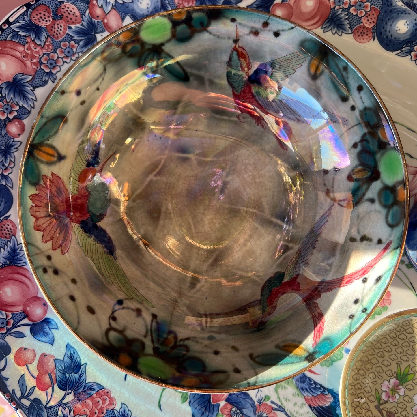 Antique Burleigh Ware Lustre Hummingbird Bowl