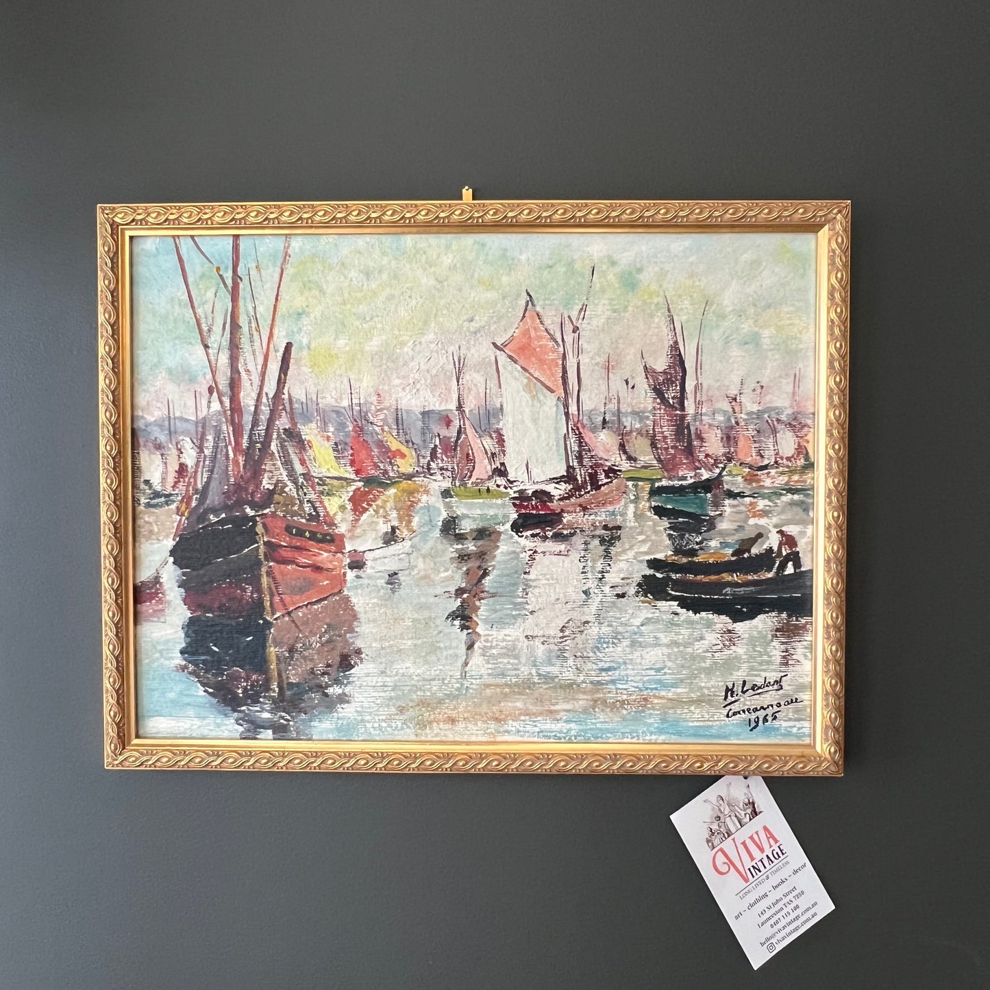 Vintage Oil Painting French Colourful European Marina Boats 1960s