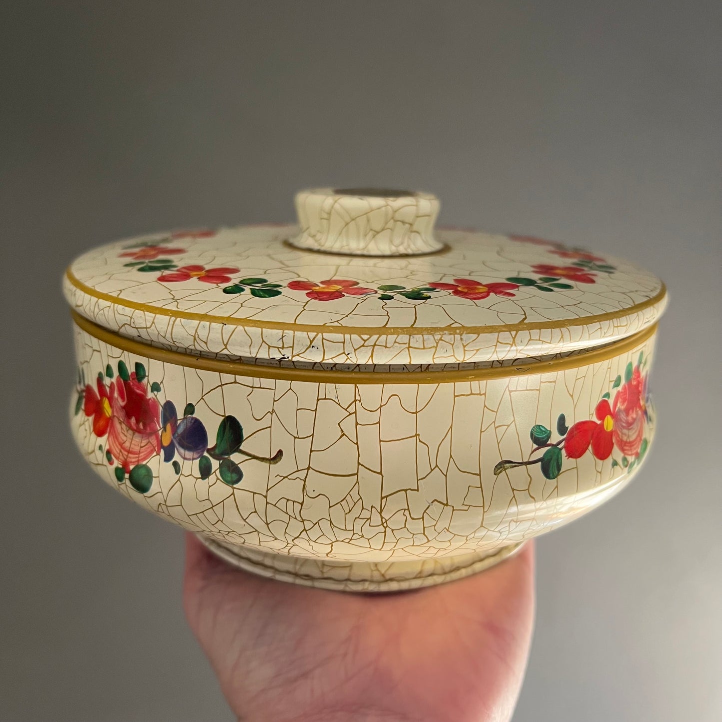 Vintage Round Candy Tin Floral and Paint Crackle