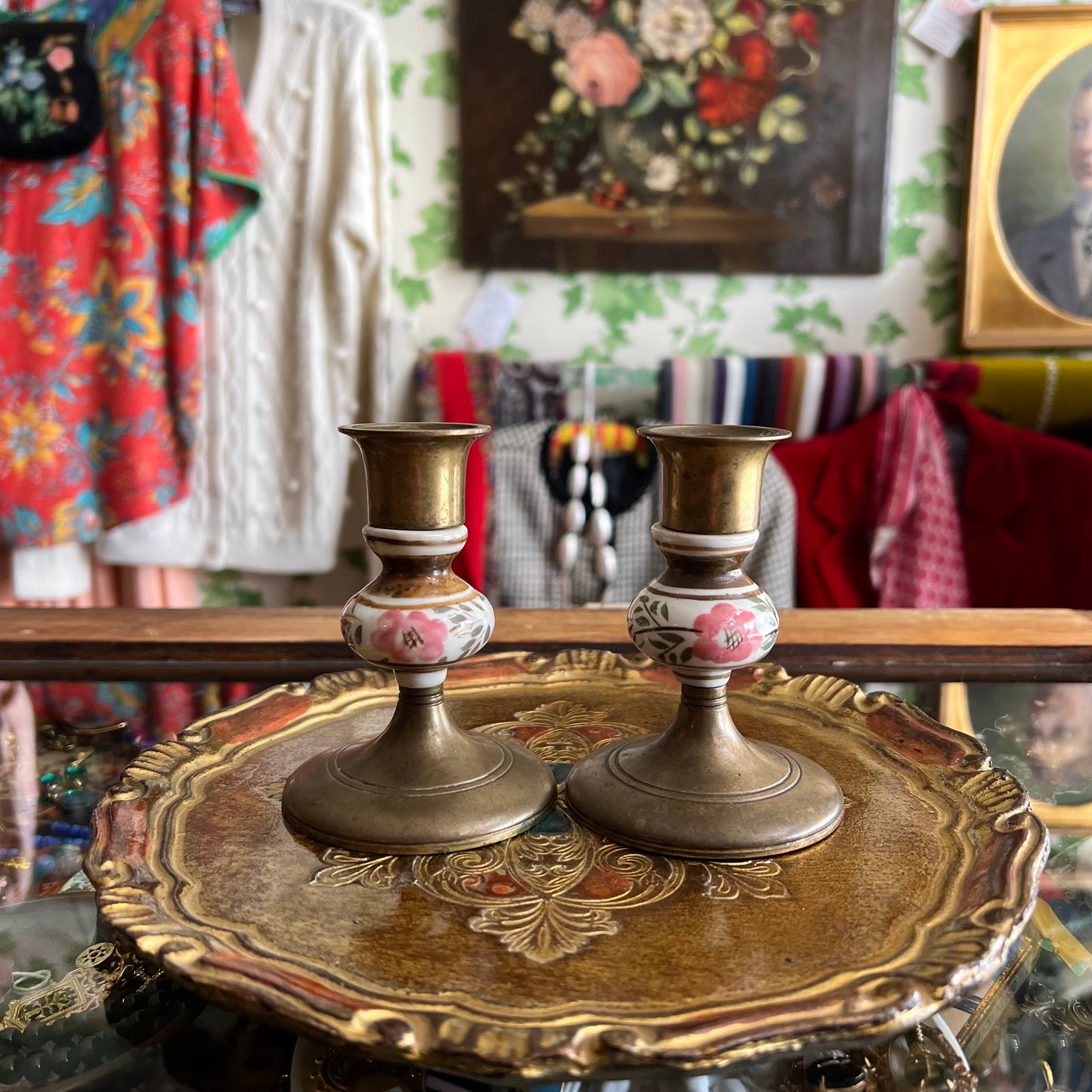 Vintage Brass & Hand Painted Porcelain Candlestick Pair