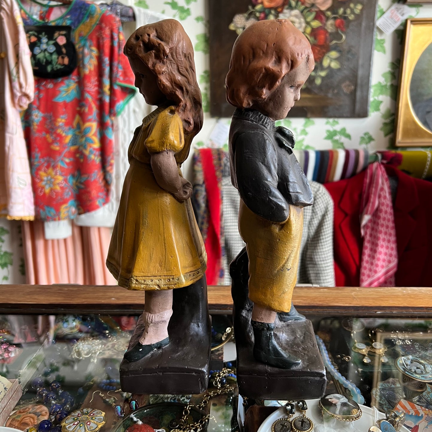 Vintage Boy & Girl Pair Chalkware Statues France