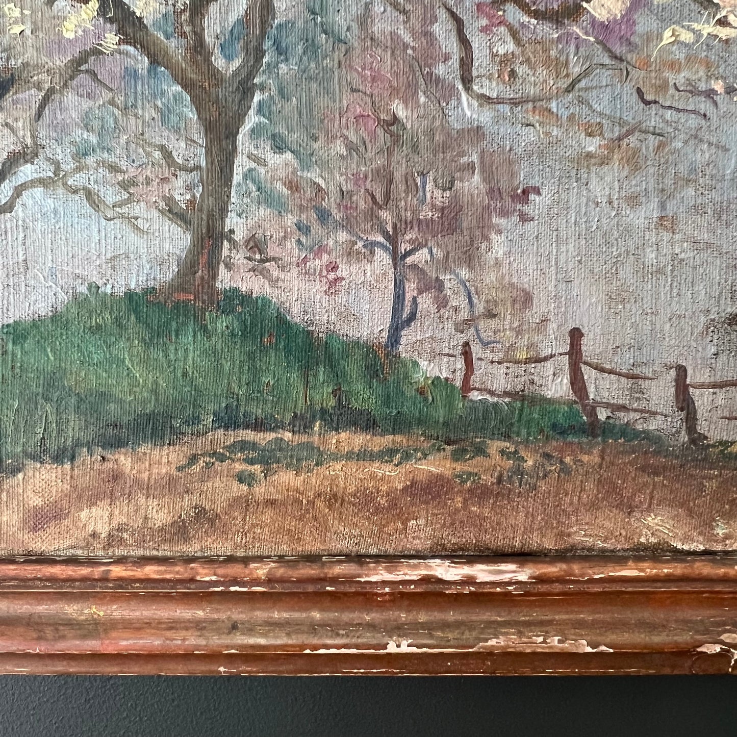 Antique Oil Painting French Landscape A Field of Blossom Trees