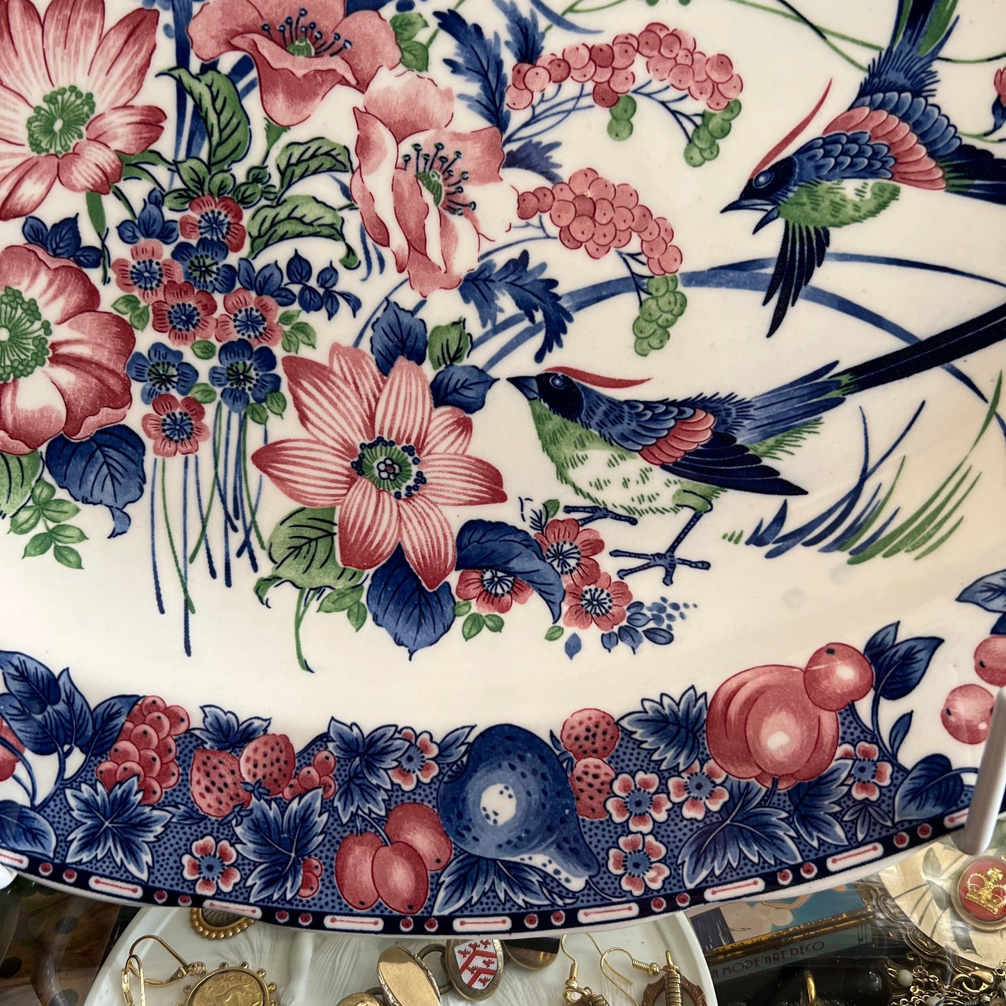 Gorgeous Vintage Large Platter Birds, Blooms & Fruits
