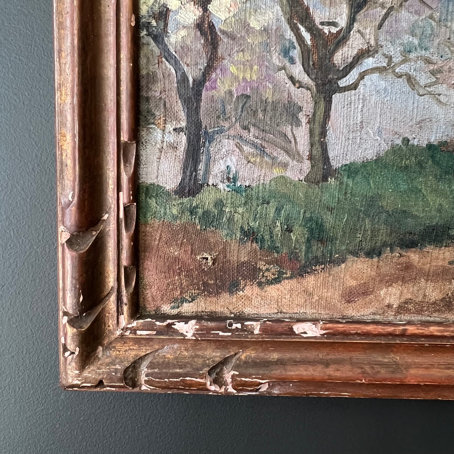 Antique Oil Painting French Landscape A Field of Blossom Trees
