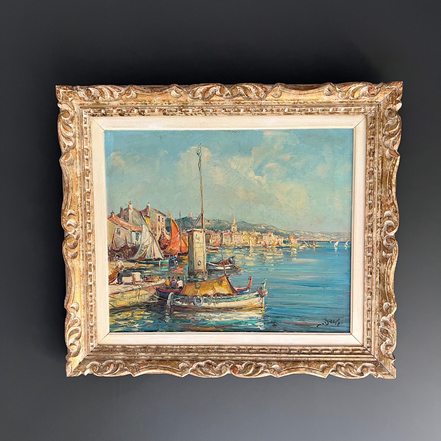 Large Vintage Oil Painting Seascape Harbour Scene on the Riviera Coast