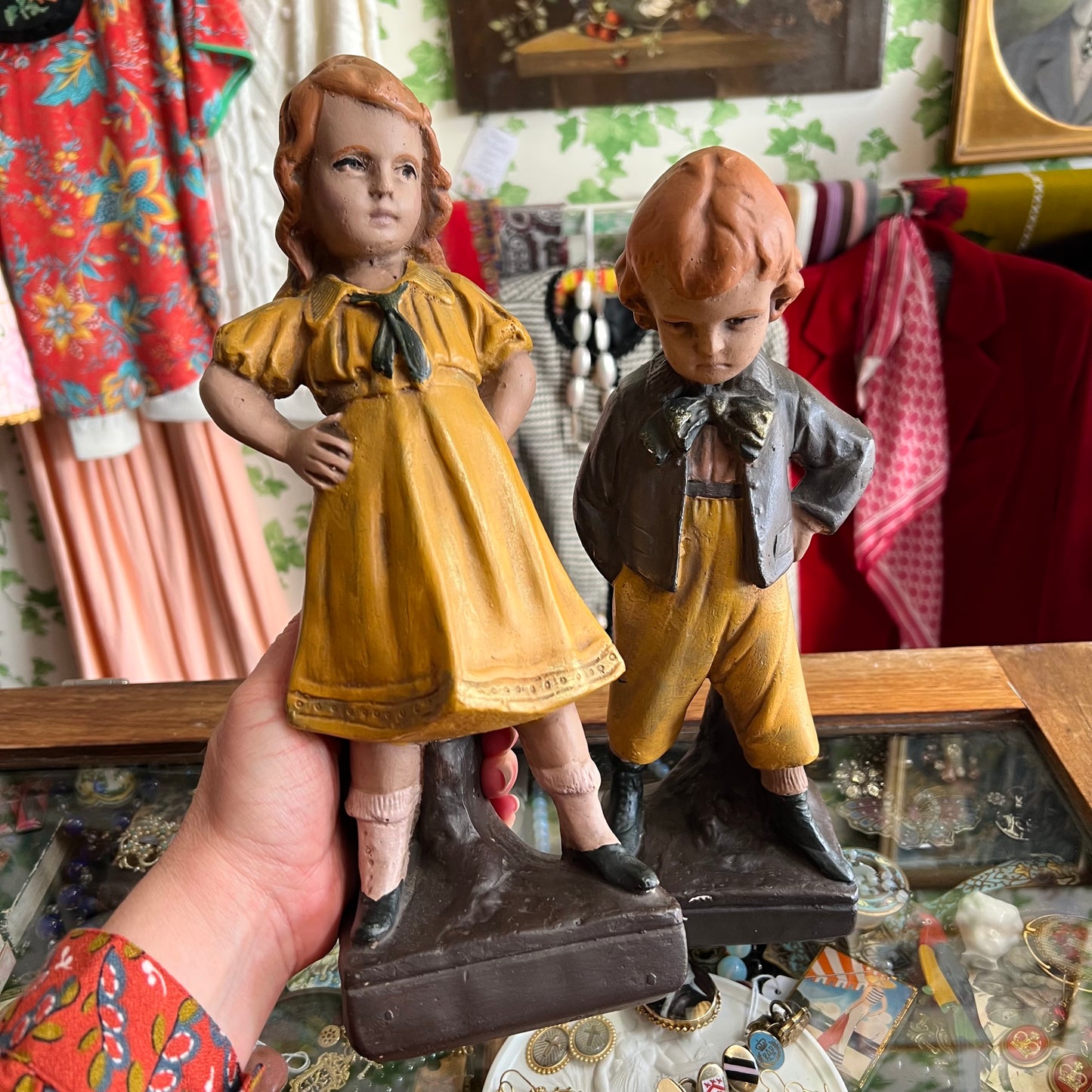 Vintage Boy & Girl Pair Chalkware Statues France