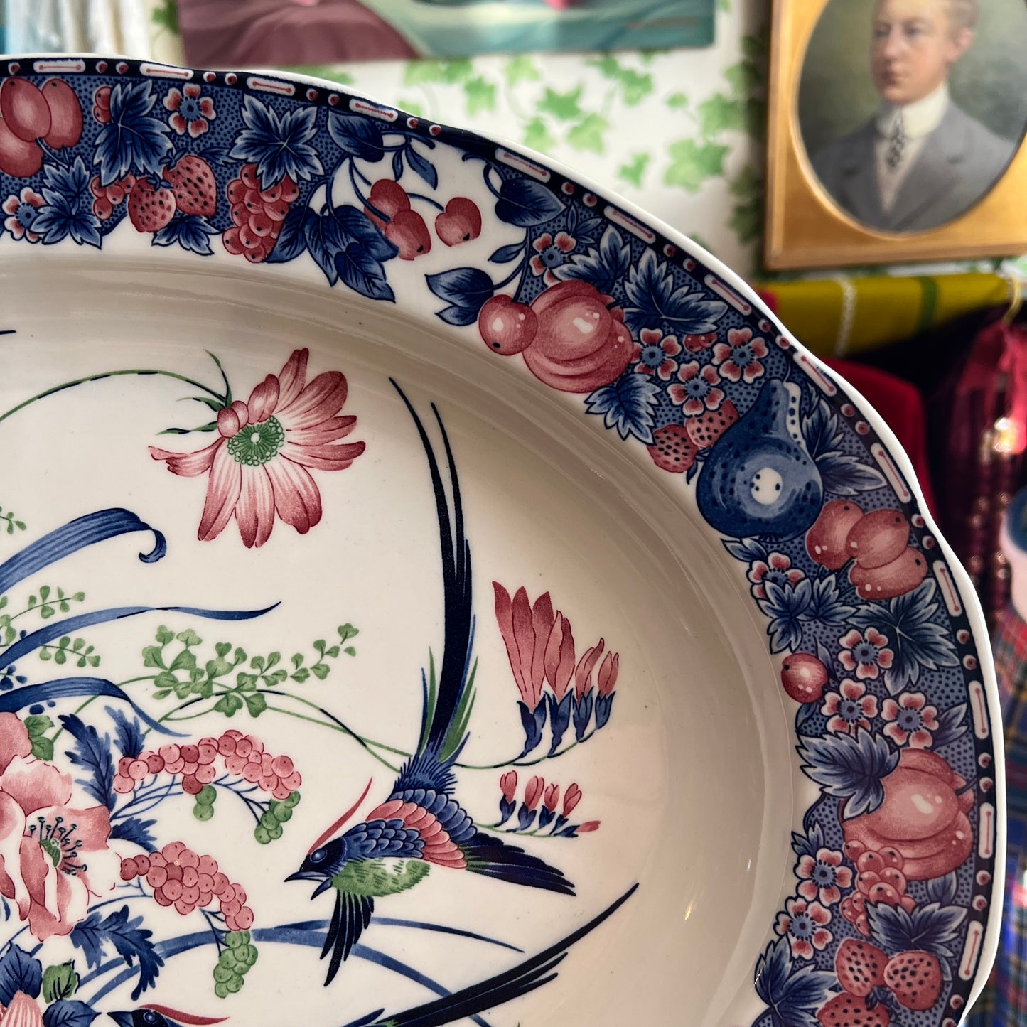 Gorgeous Vintage Large Platter Birds, Blooms & Fruits