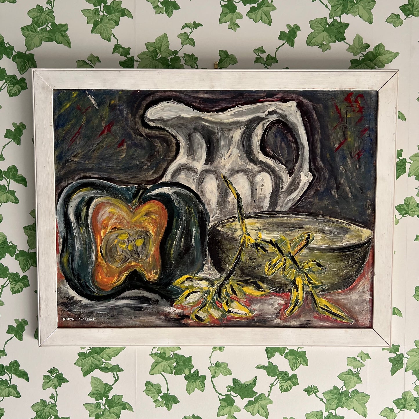 Large Vintage Oil Painting Still Life Pumpkin, Pitcher and Porridge 1970