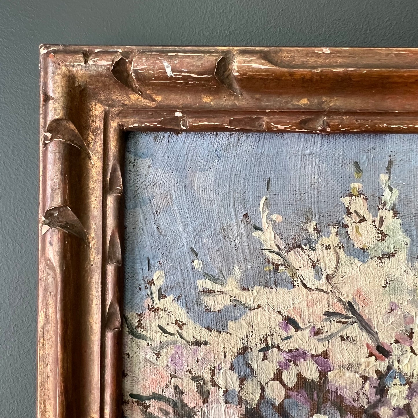 Antique Oil Painting French Landscape A Field of Blossom Trees