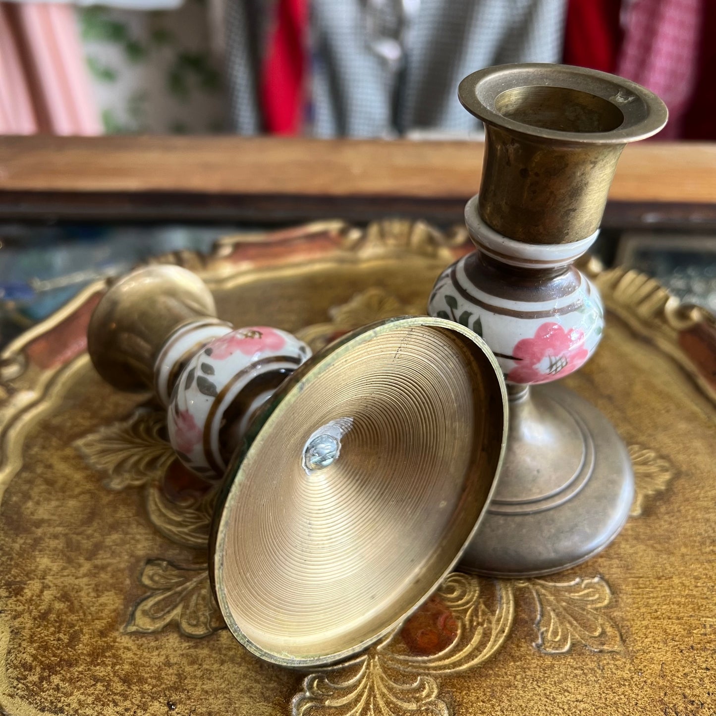 Vintage Brass & Hand Painted Porcelain Candlestick Pair