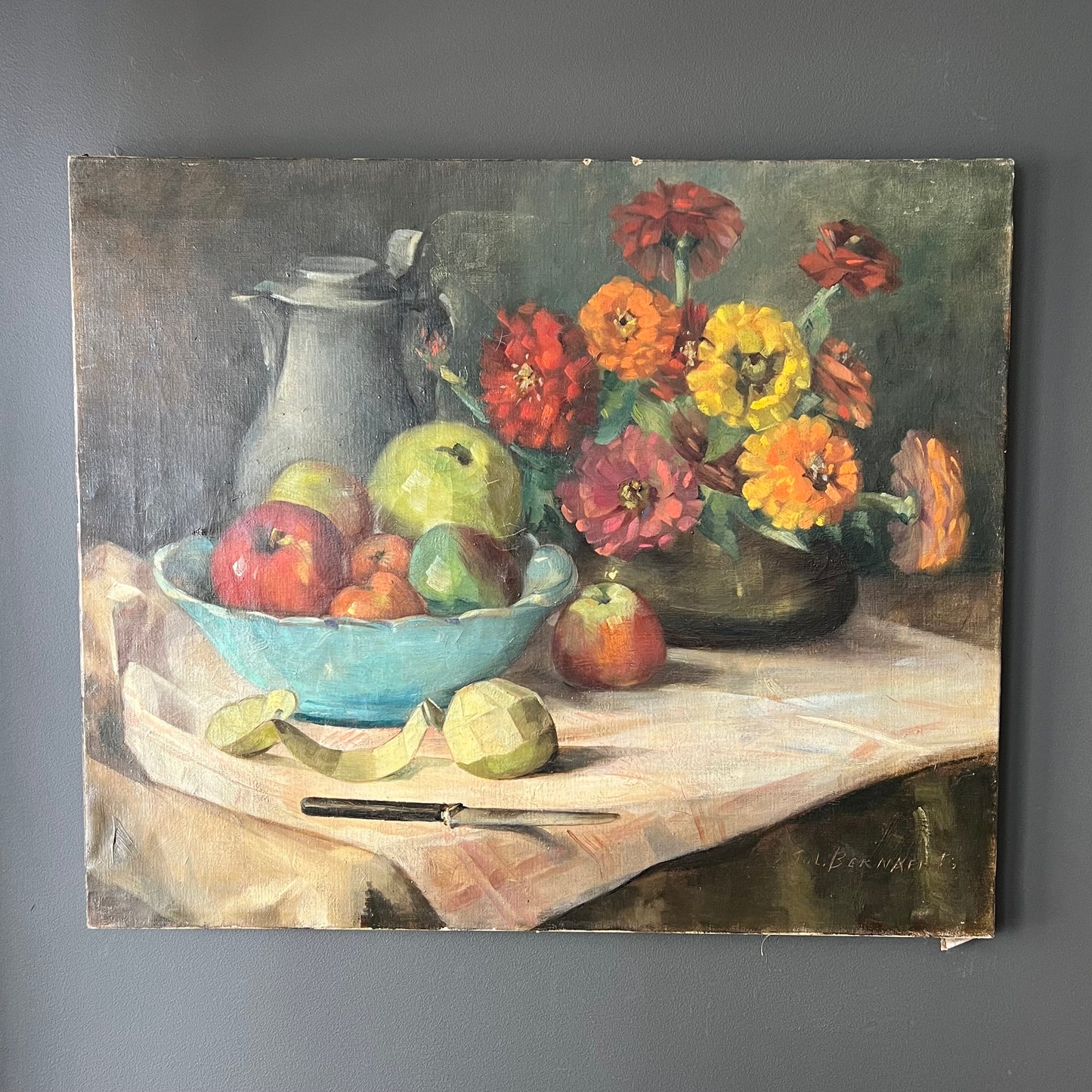 Antique Oil Painting Still Life Zinnias, Apples & Pewter Jug