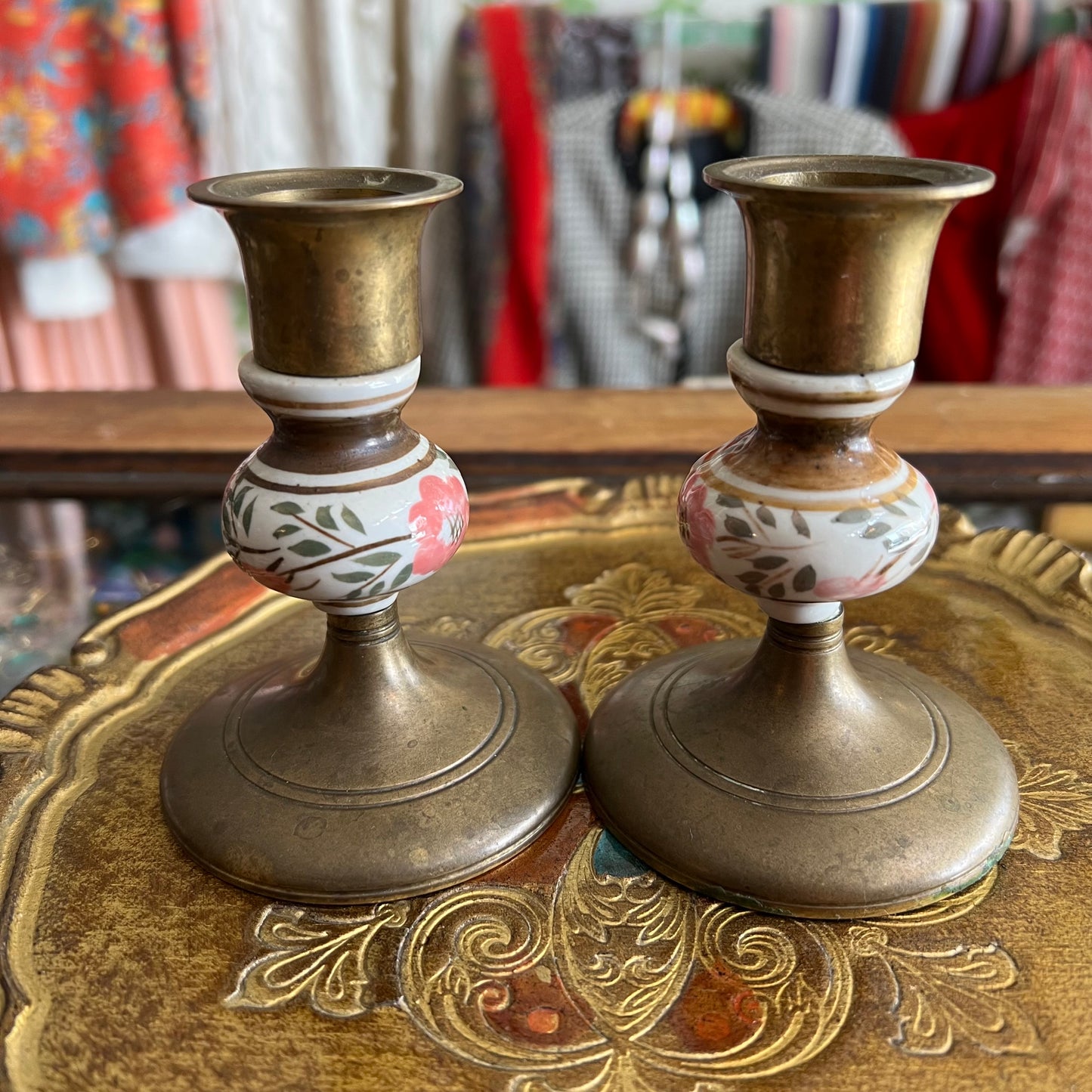 Vintage Brass & Hand Painted Porcelain Candlestick Pair