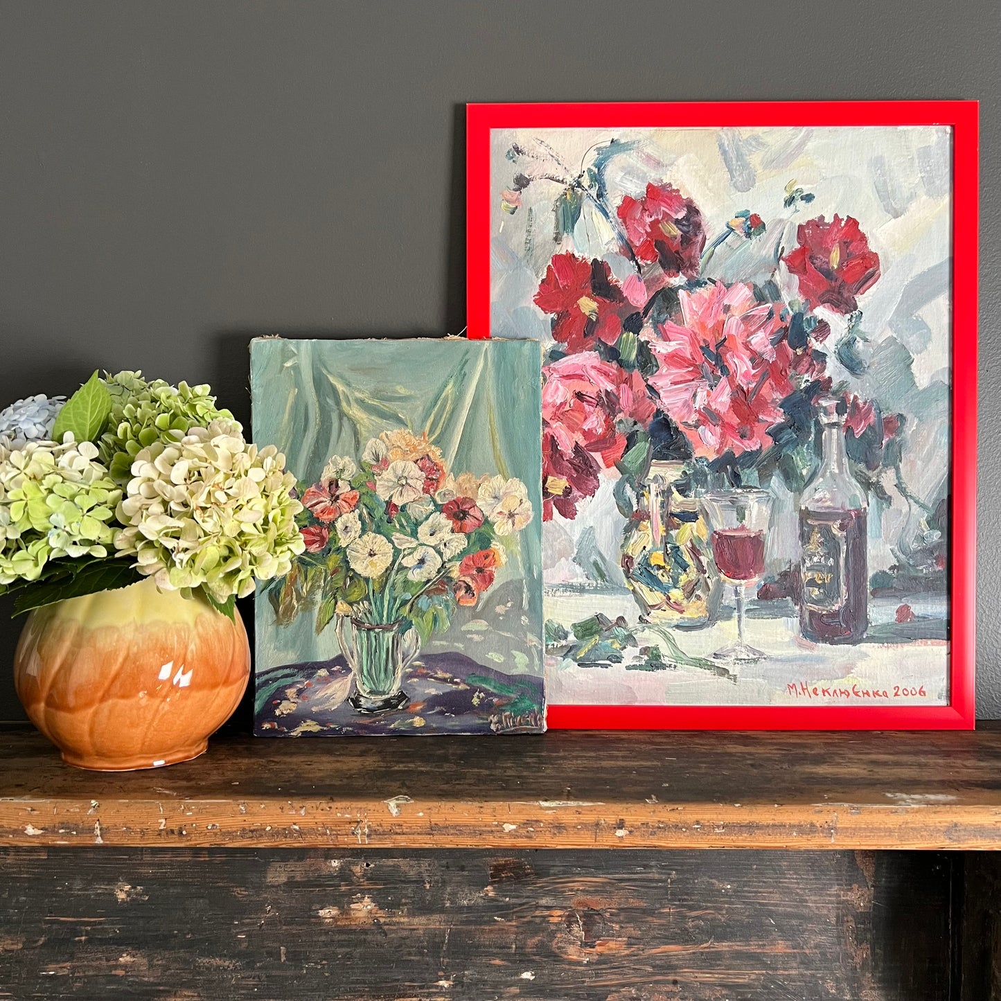 Vintage Painting Still Life Dahlia Flowers and Wine Bottle with Glass
