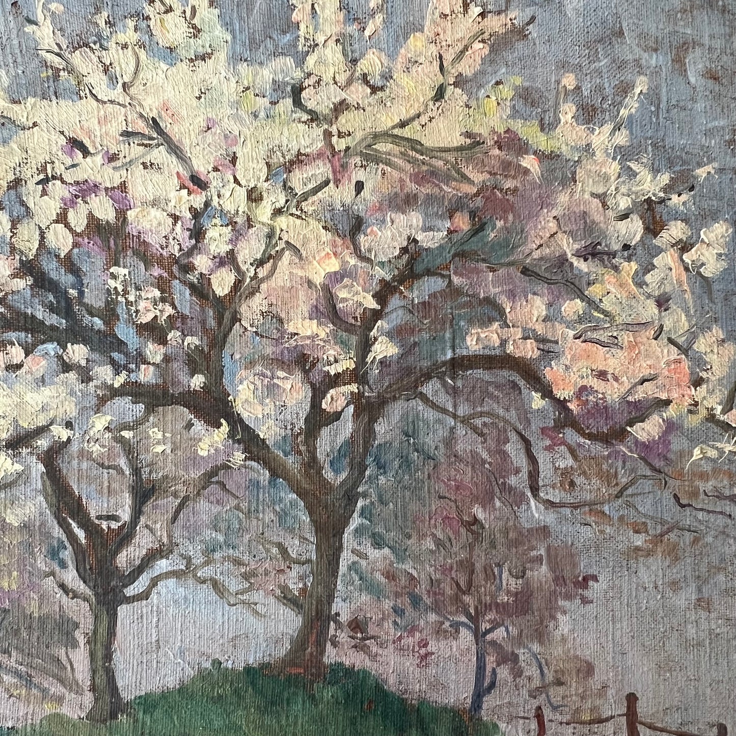 Antique Oil Painting French Landscape A Field of Blossom Trees