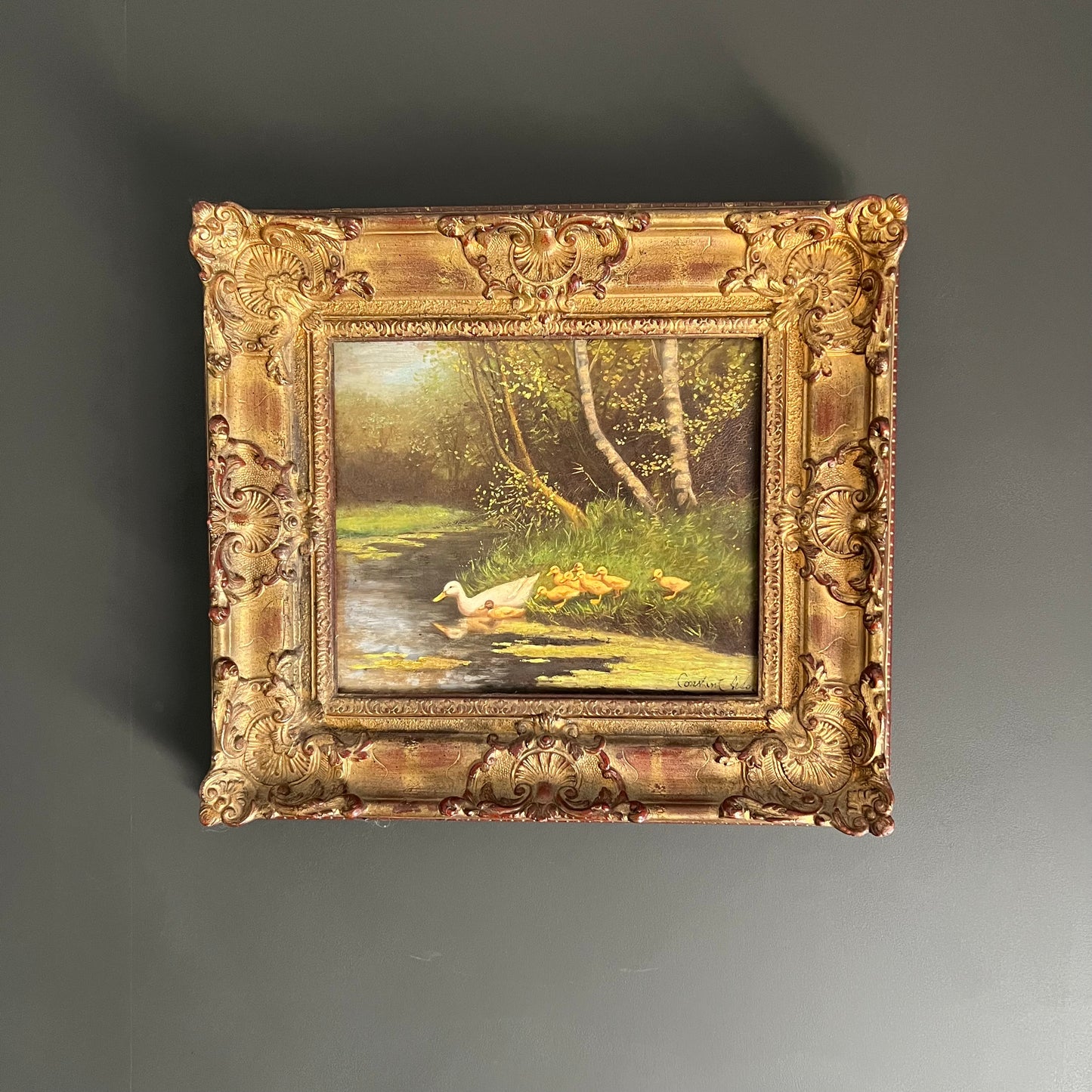 Vintage Oil Painting Landscape Duck Family by a Stream Ornate Frame