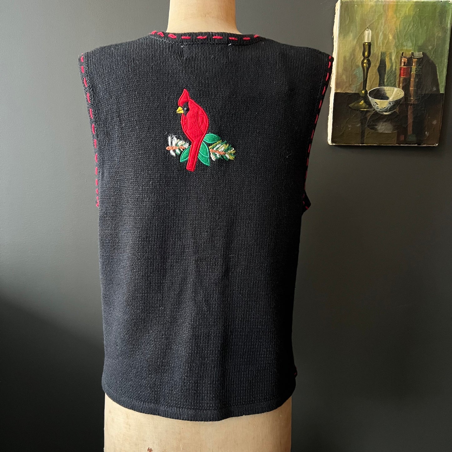 Vintage Boston Gallery Embroidered Cotton Vest with Red Cardinal Birds