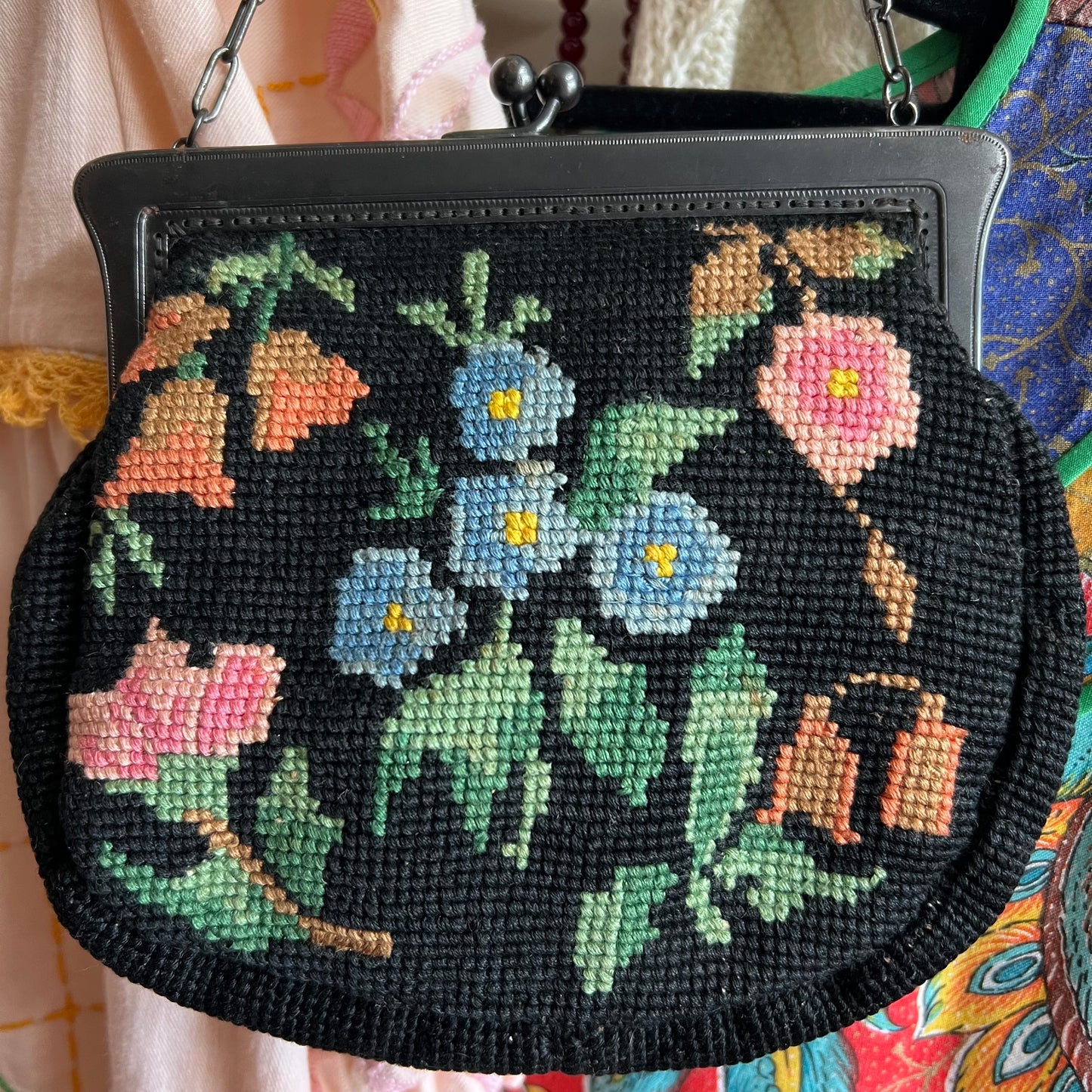 Vintage Floral Needlepoint Tapestry Small Handbag