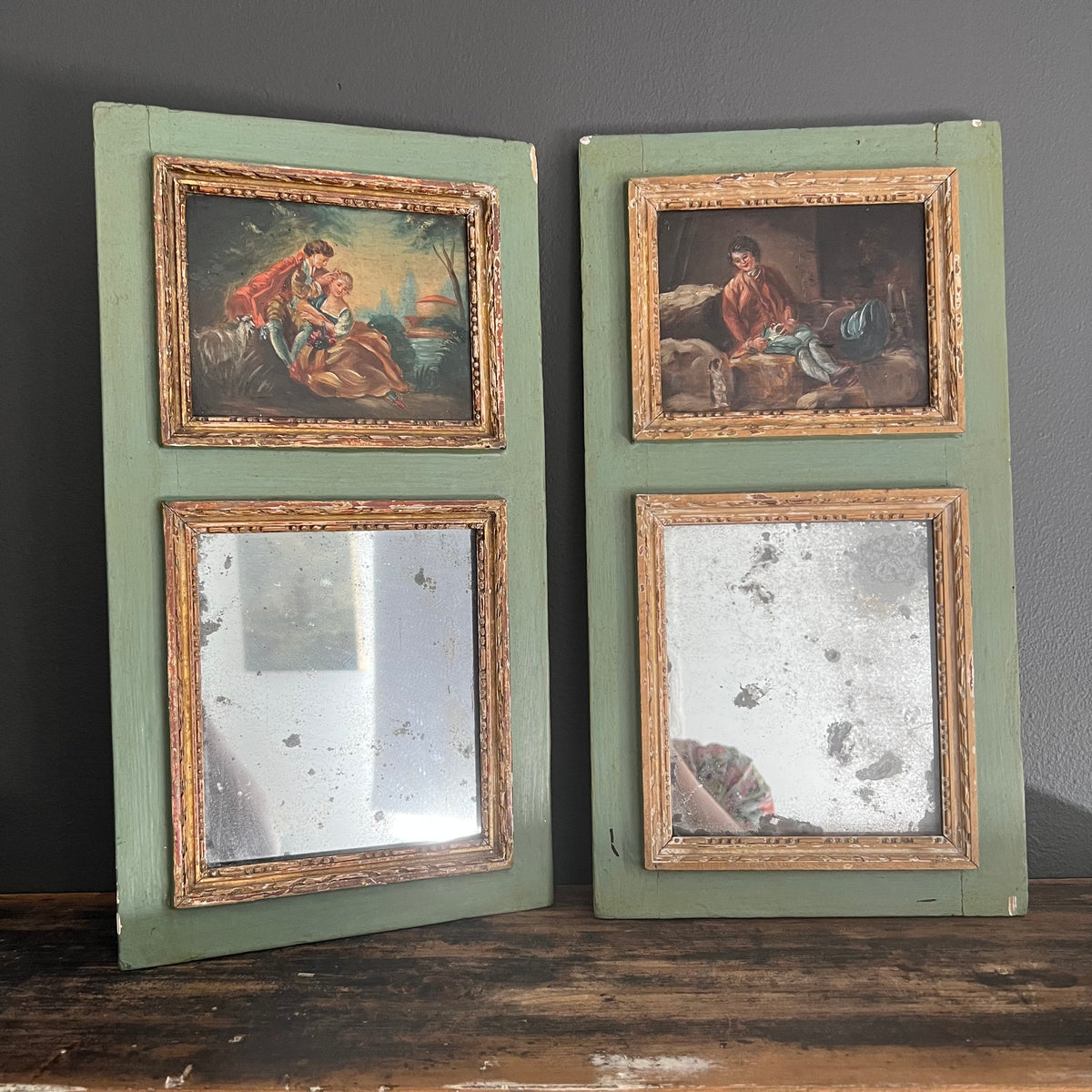 Antique French Trumeau Mirror and Painting 1800’s Boy and Dog