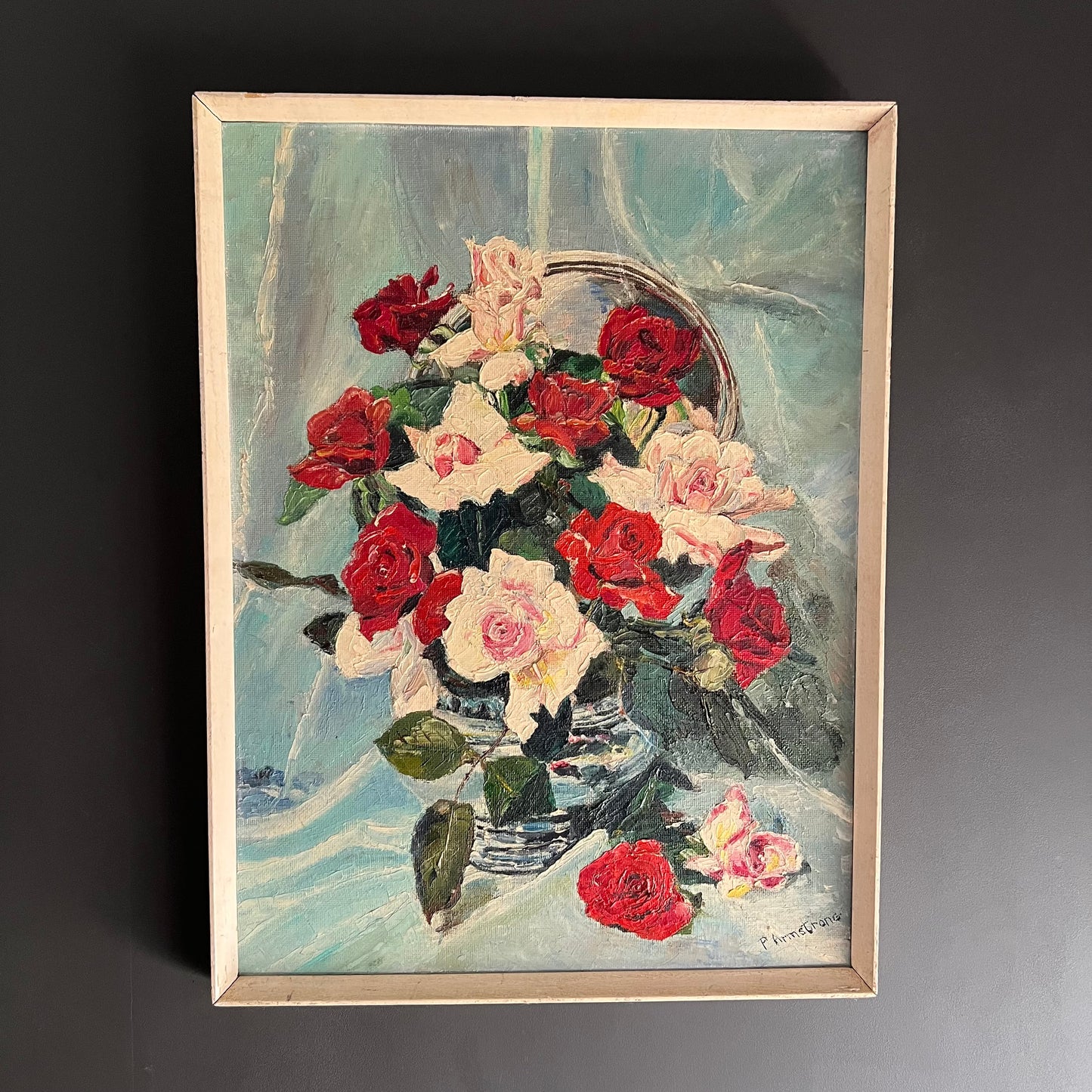 ON SALE was $299 Vintage Oil Painting Still Life Mid Century Roses in Vase