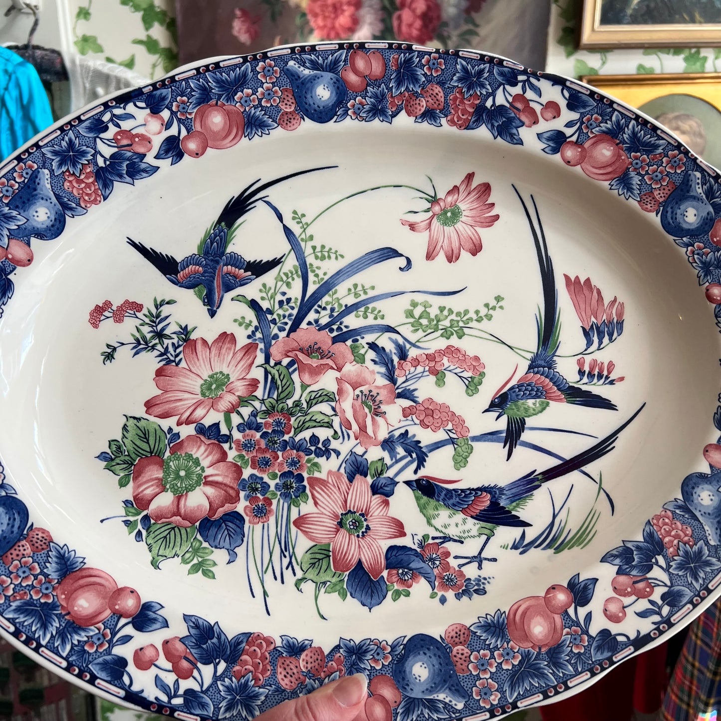 Gorgeous Vintage Large Platter Birds, Blooms & Fruits