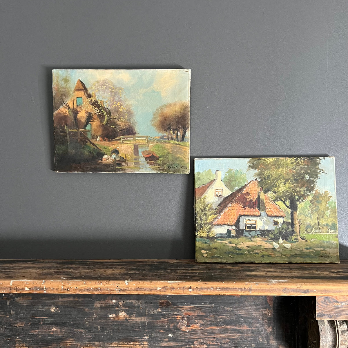 Vintage Original Oil Painting Landscape Cottage with Chickens Dutch