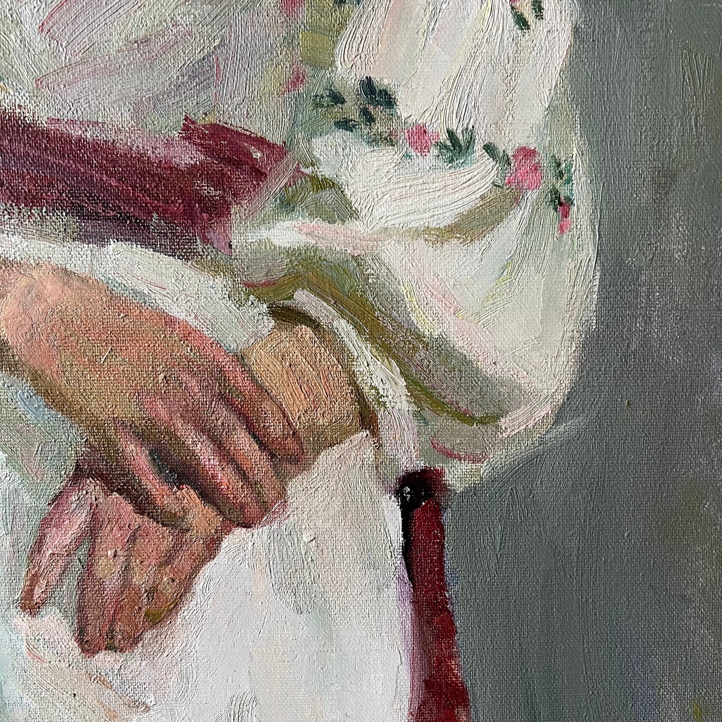 Vintage Oil Painting Portrait Woman wearing Red Beads