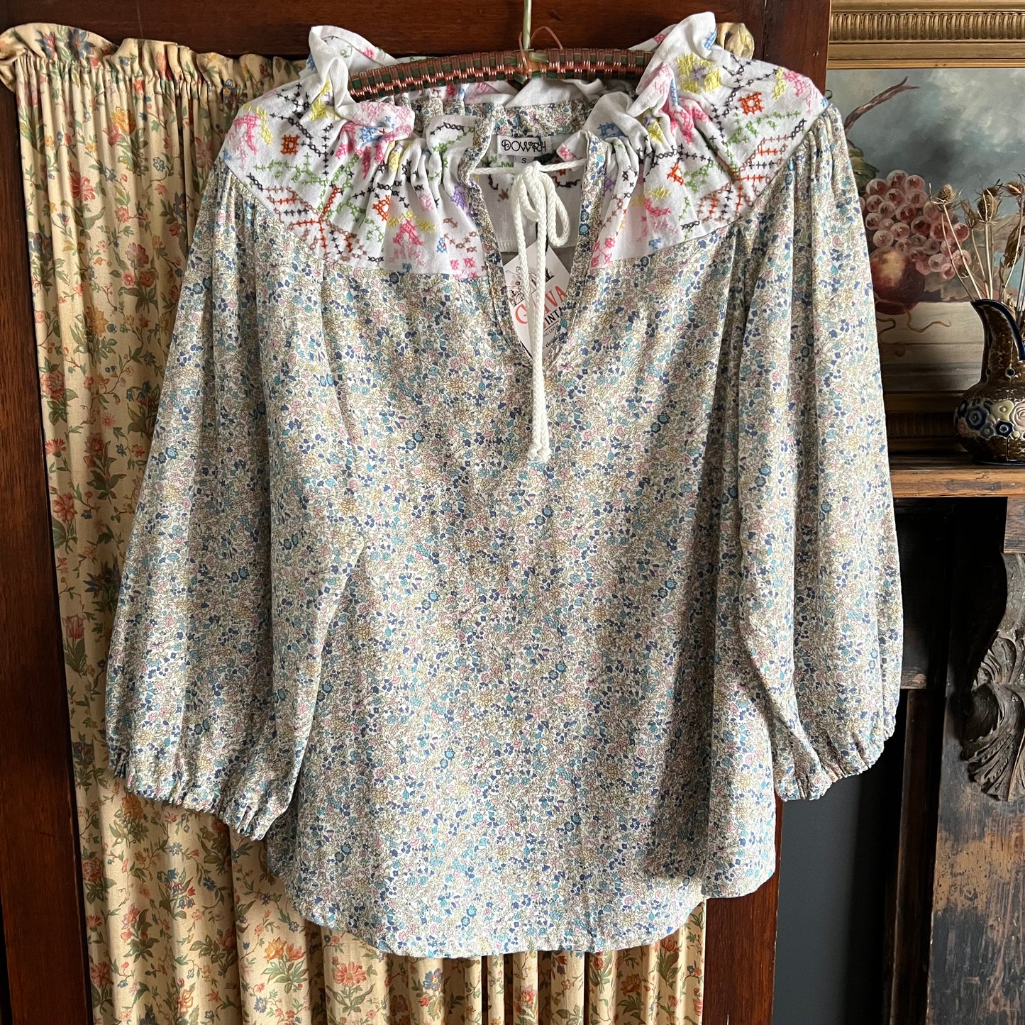 Liberty Fabrics Blouse with Hand Embroidered Yoke Size Small
