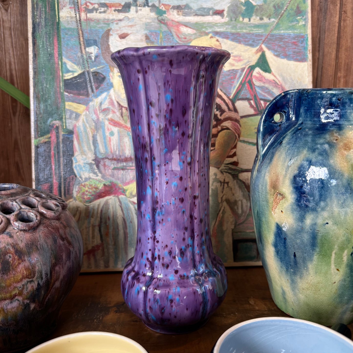 Vintage Purple & Blue Speckled Glaze Pottery Vase