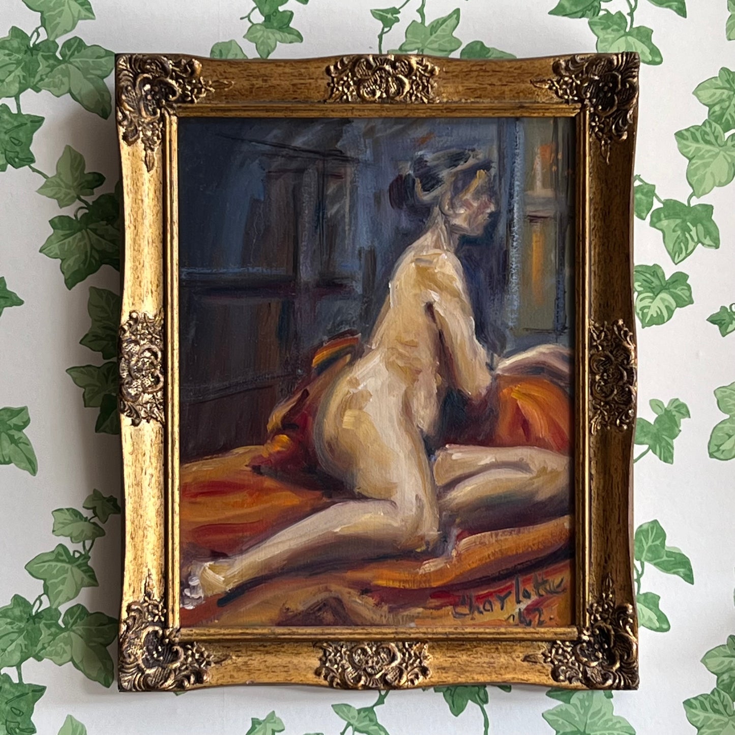 Vintage Oil Painting Female Nude in Gilt Frame 1940s