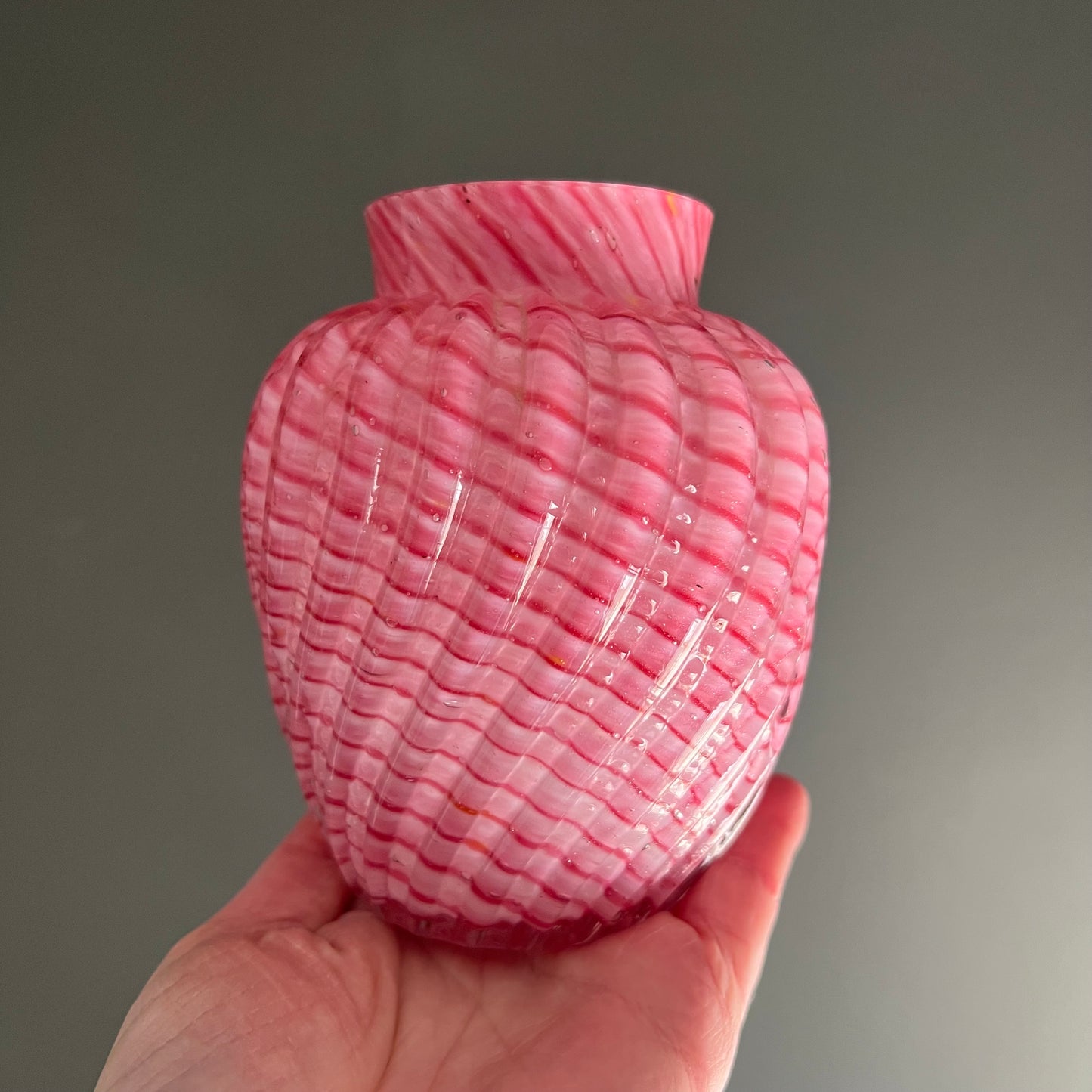 Antique Victorian Cased Pink & White Stripe Glass Vase Czech