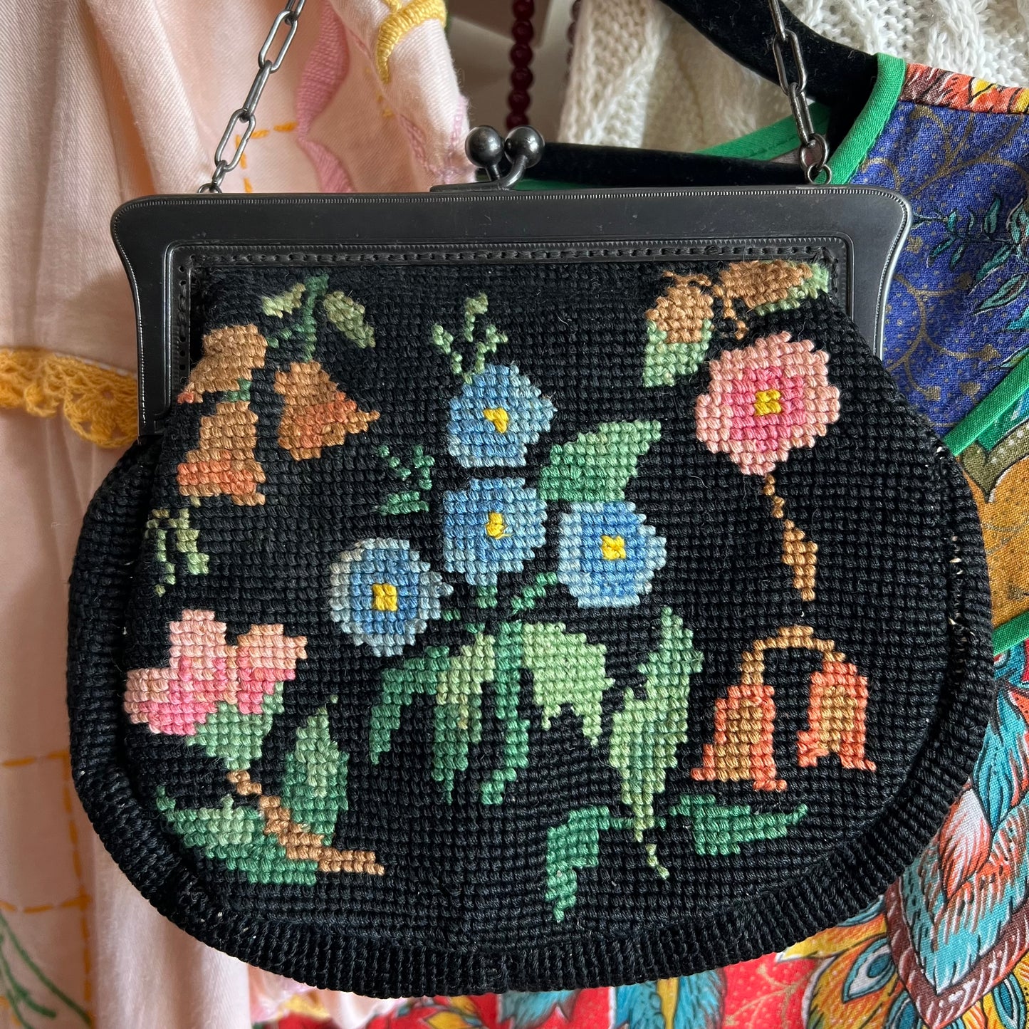 Vintage Floral Needlepoint Tapestry Small Handbag