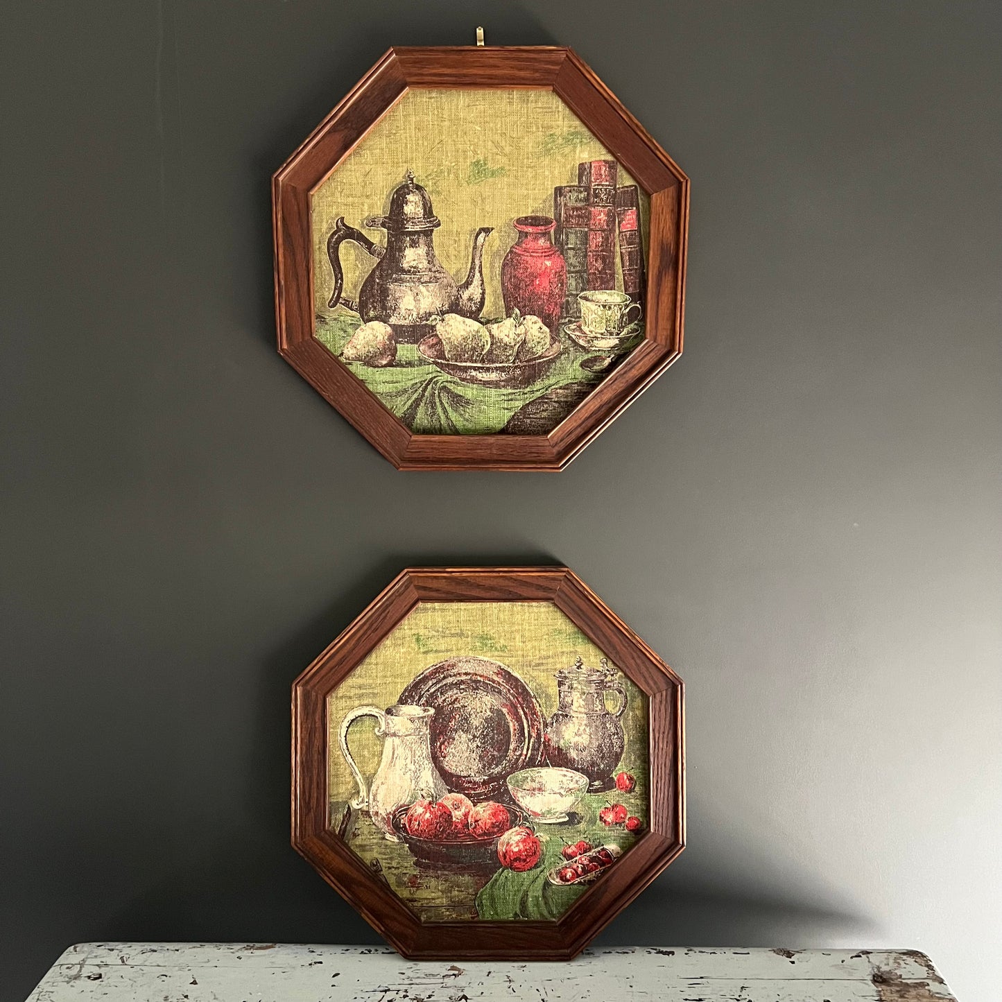 Vintage Still Life Kitchen Scenes on Linen by Kaydee Handprints USA Pair