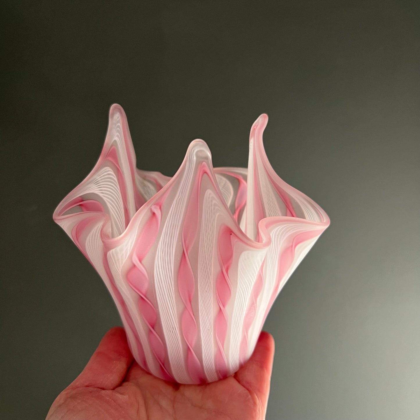 Vintage Pink & White Handkerchief Satin Glass Vase Murano c1960s