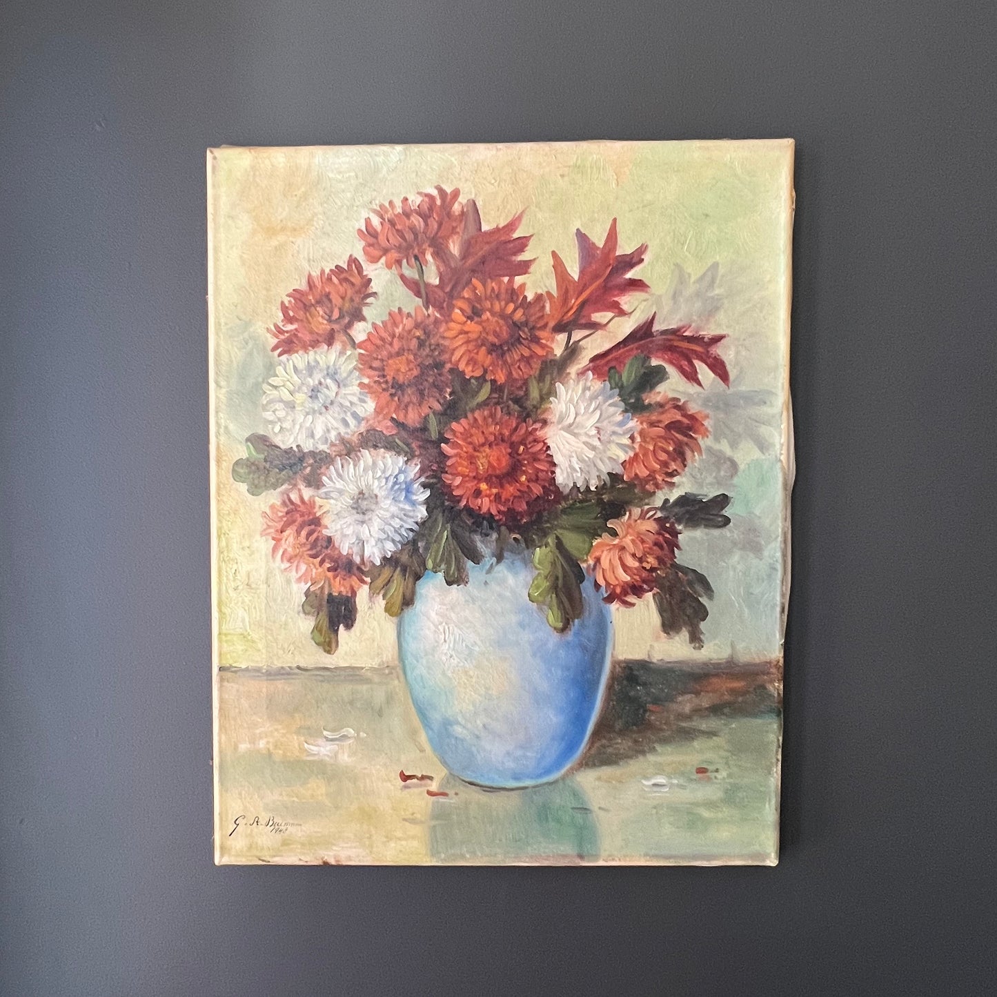 Vintage Oil Painting Dutch Still Life Chrysanthemum Blooms 1948