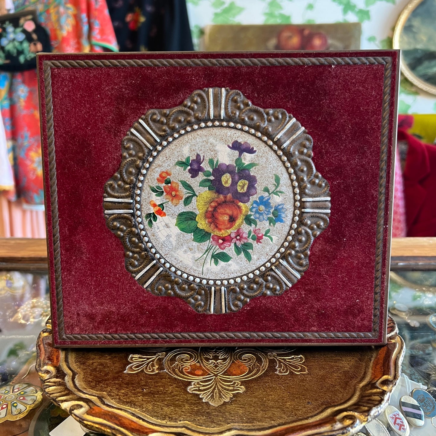 Vintage Red Velour Tin with Blooms