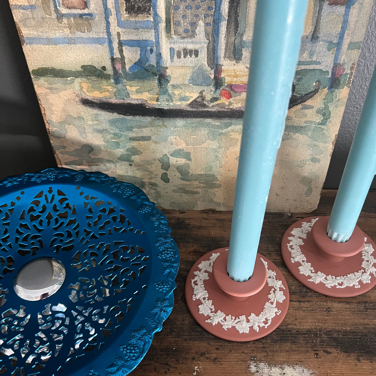 Vintage Wedgwood Jasperware Terracotta Candlestick Holders Grapevine Pair