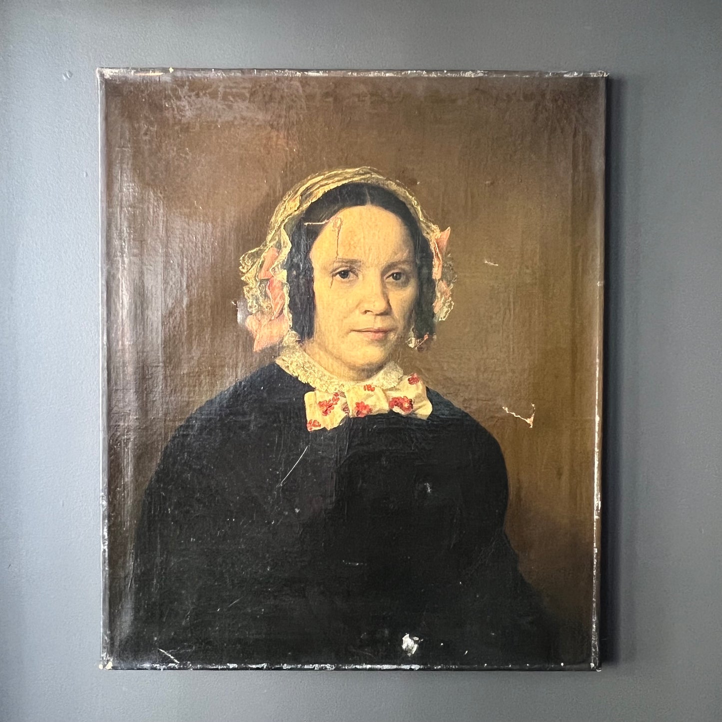 Antique Dutch Oil Painting Portrait Girl with Floral Necktie 1800s