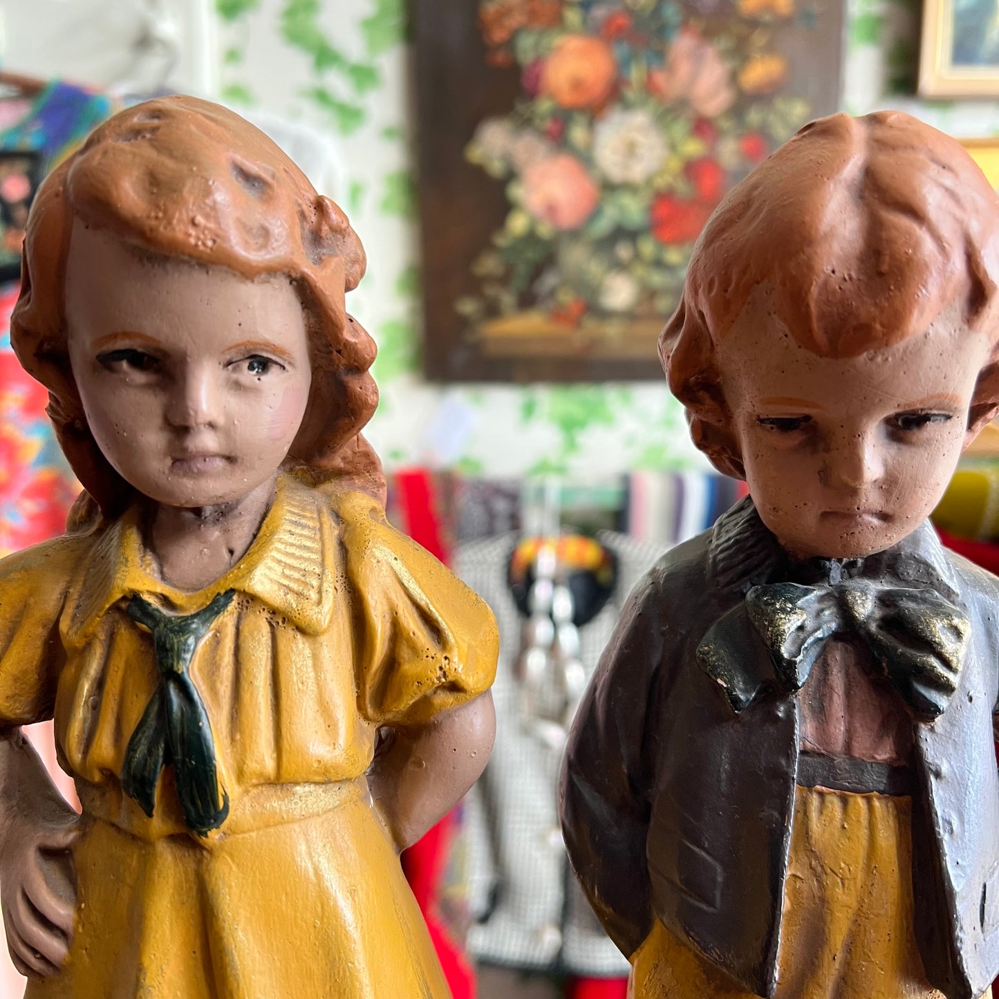Vintage Boy & Girl Pair Chalkware Statues France