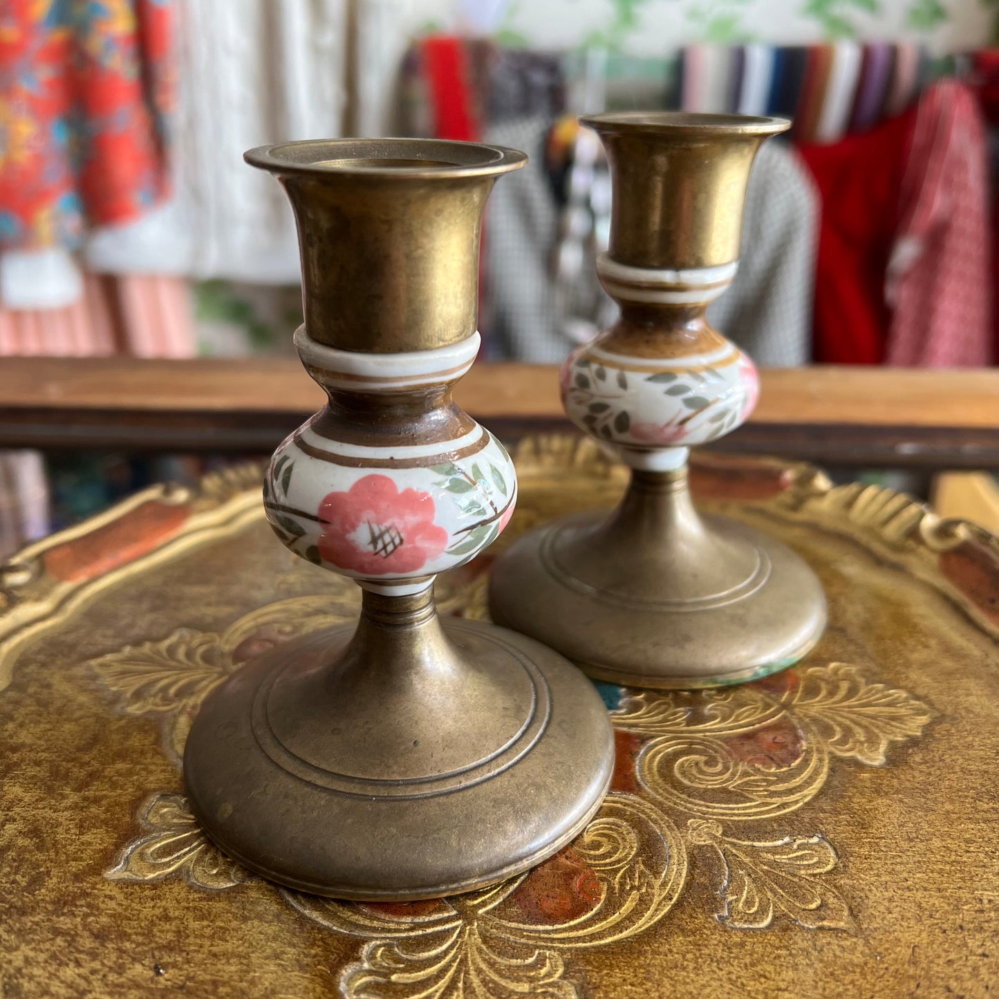 Vintage Brass & Hand Painted Porcelain Candlestick Pair