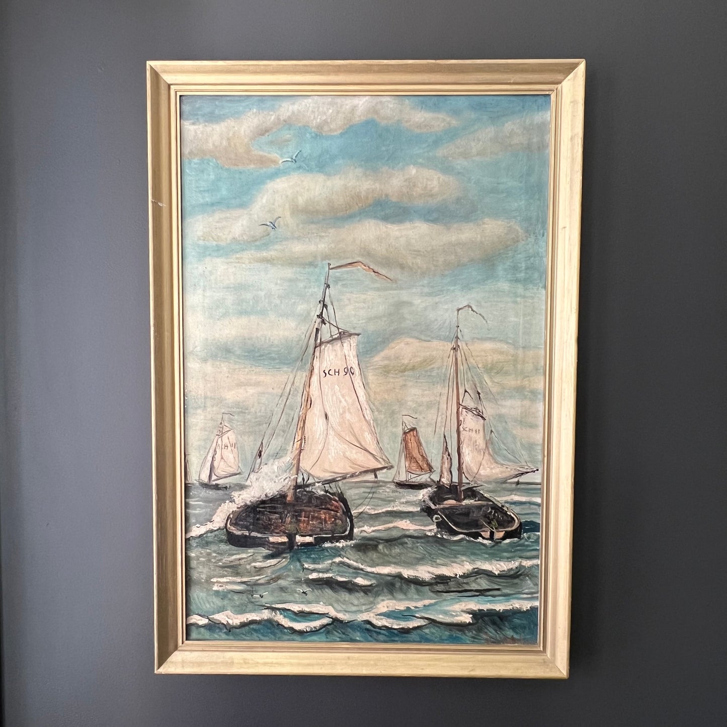 Vintage Oil Painting Dutch Seascape The Boat Race