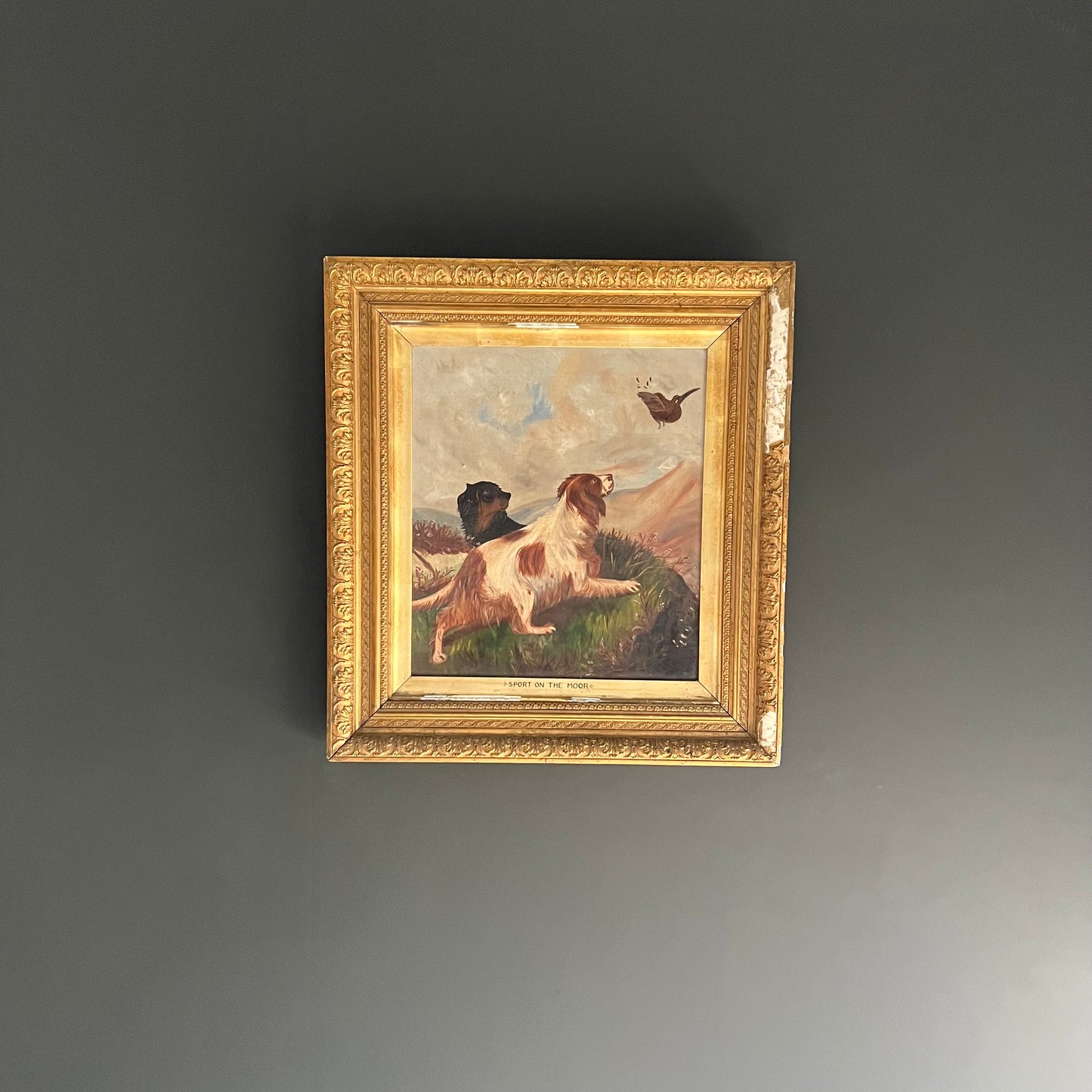 Antique Oil Painting Landscape Duo of Dogs & Pheasant