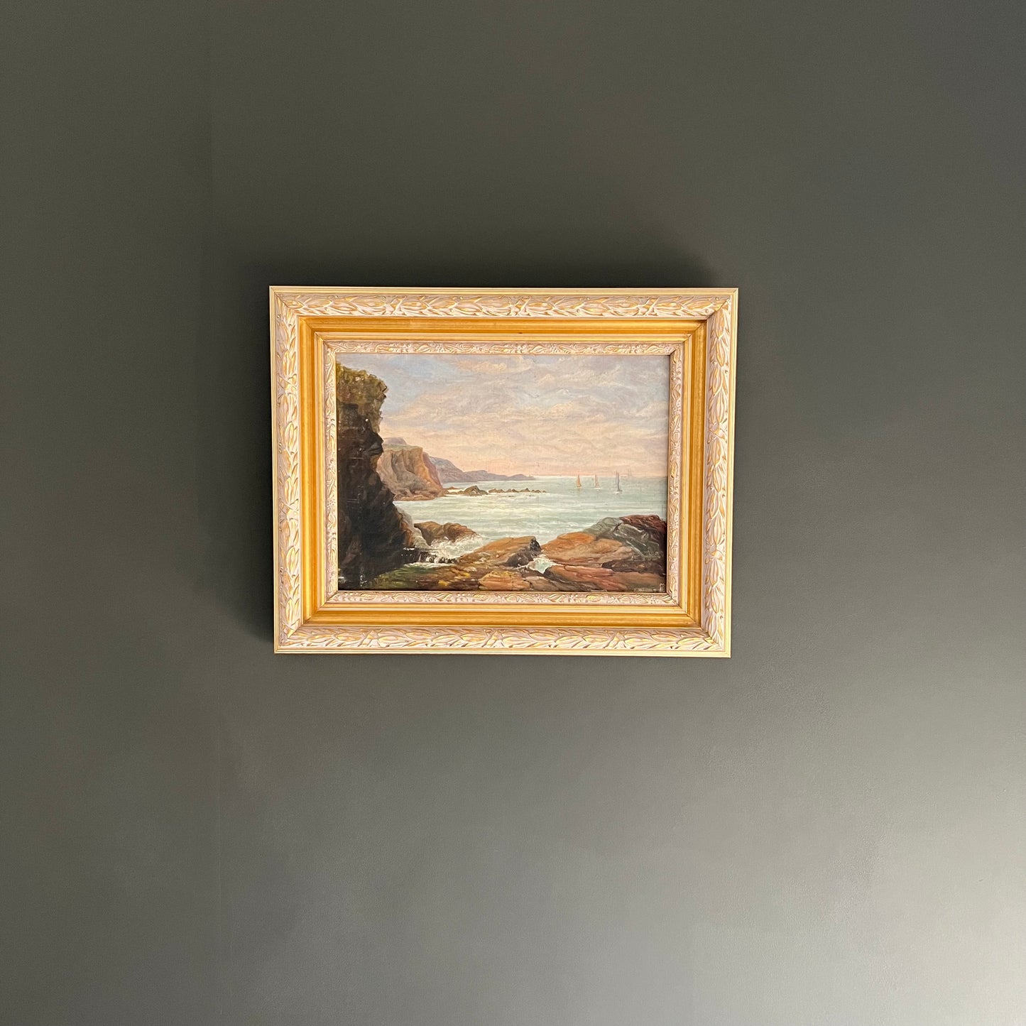 Vintage Oil Painting Coastal Seascape under Blush Sky